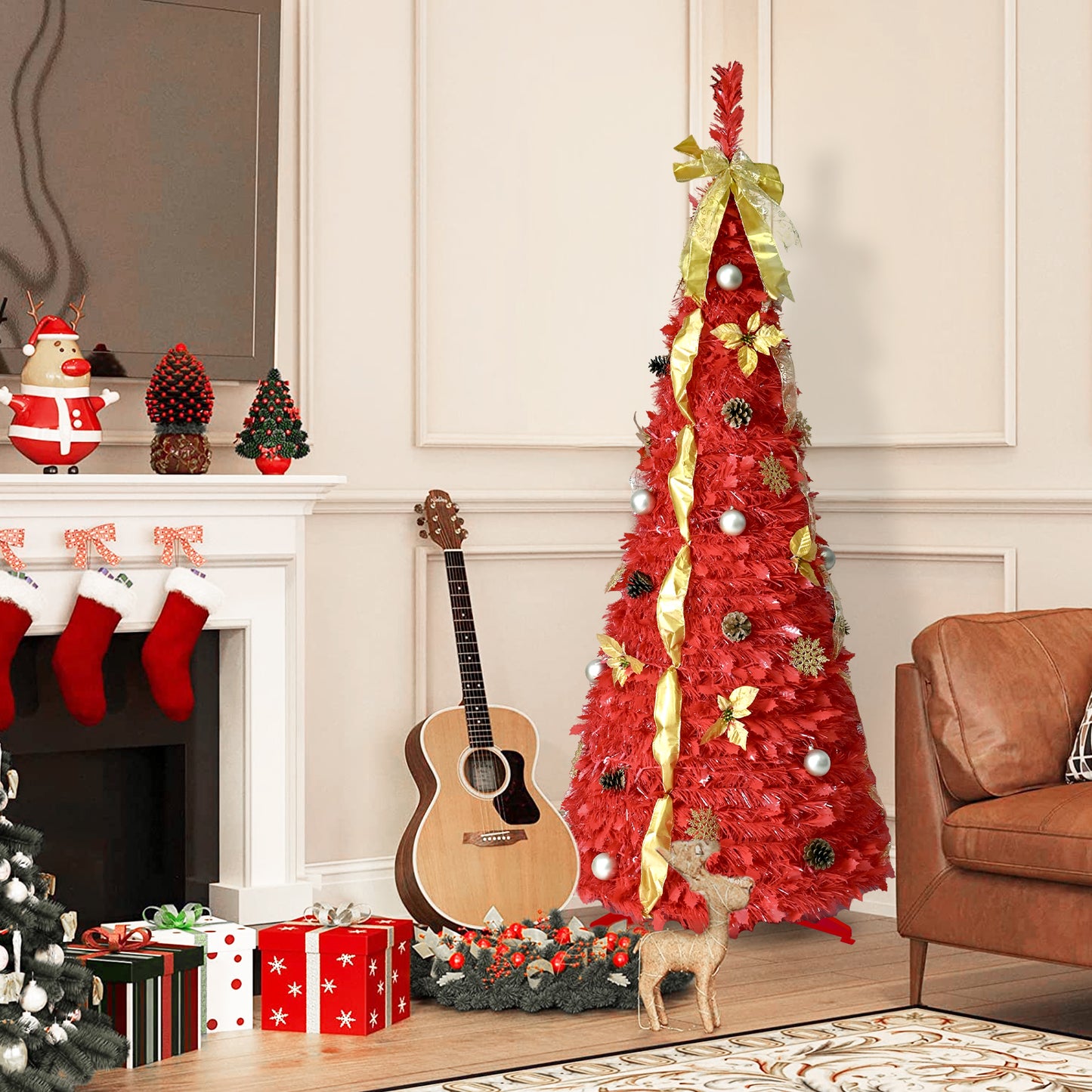 NIGSQJB 6FT Red Pop-Up Christmas Tree with 150 Warm White LED Lights, Ribbons, Bow, Flowers, Snowflakes, Pine Cones & Balls