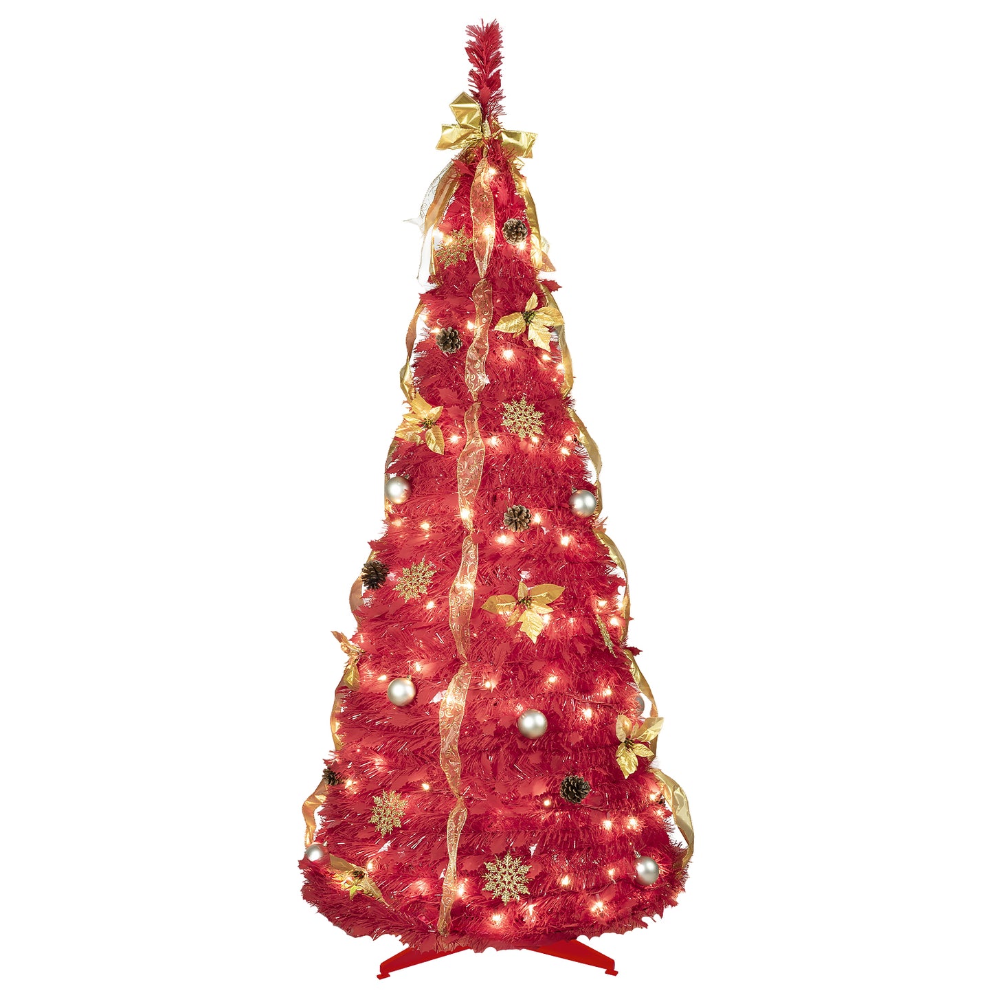 NIGSQJB 6FT Red Pop-Up Christmas Tree with 150 Warm White LED Lights, Ribbons, Bow, Flowers, Snowflakes, Pine Cones & Balls