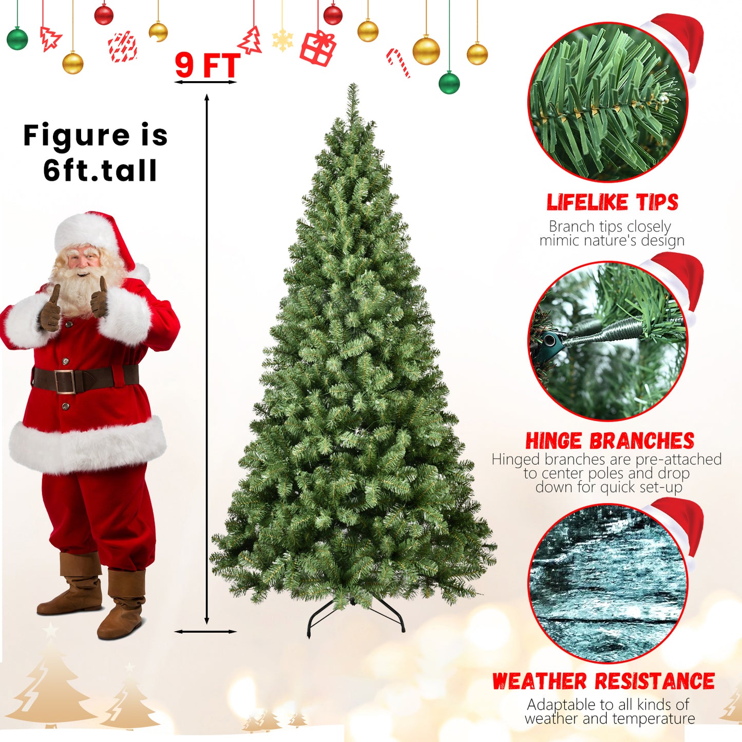 NIGSQJB 5-6-7-8-9ft Pre-Lit PVC Christmas Tree with UL Lights & Tips & Auto-Unfold Memory Wire