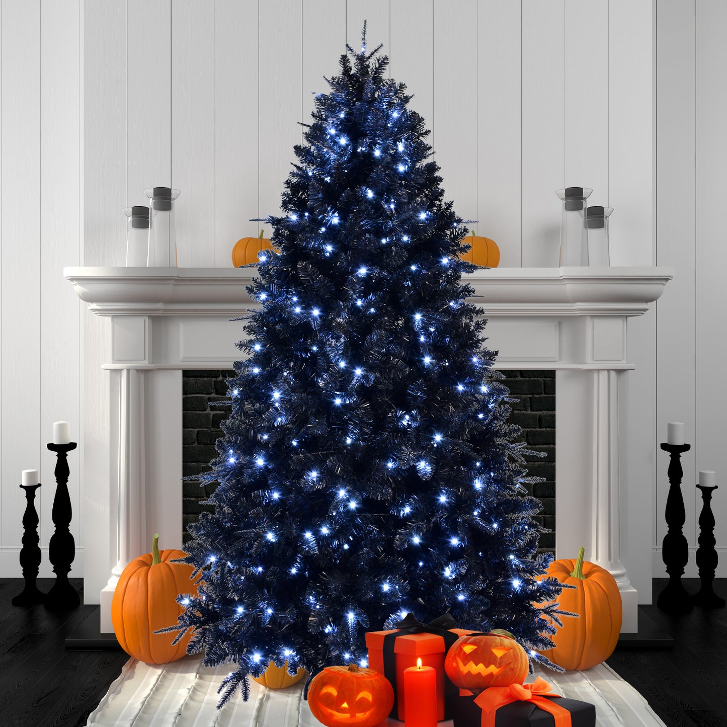 NIGSQJB 4-5-6-7-7.5-8-9ft Black Christmas Tree with White LED Lights