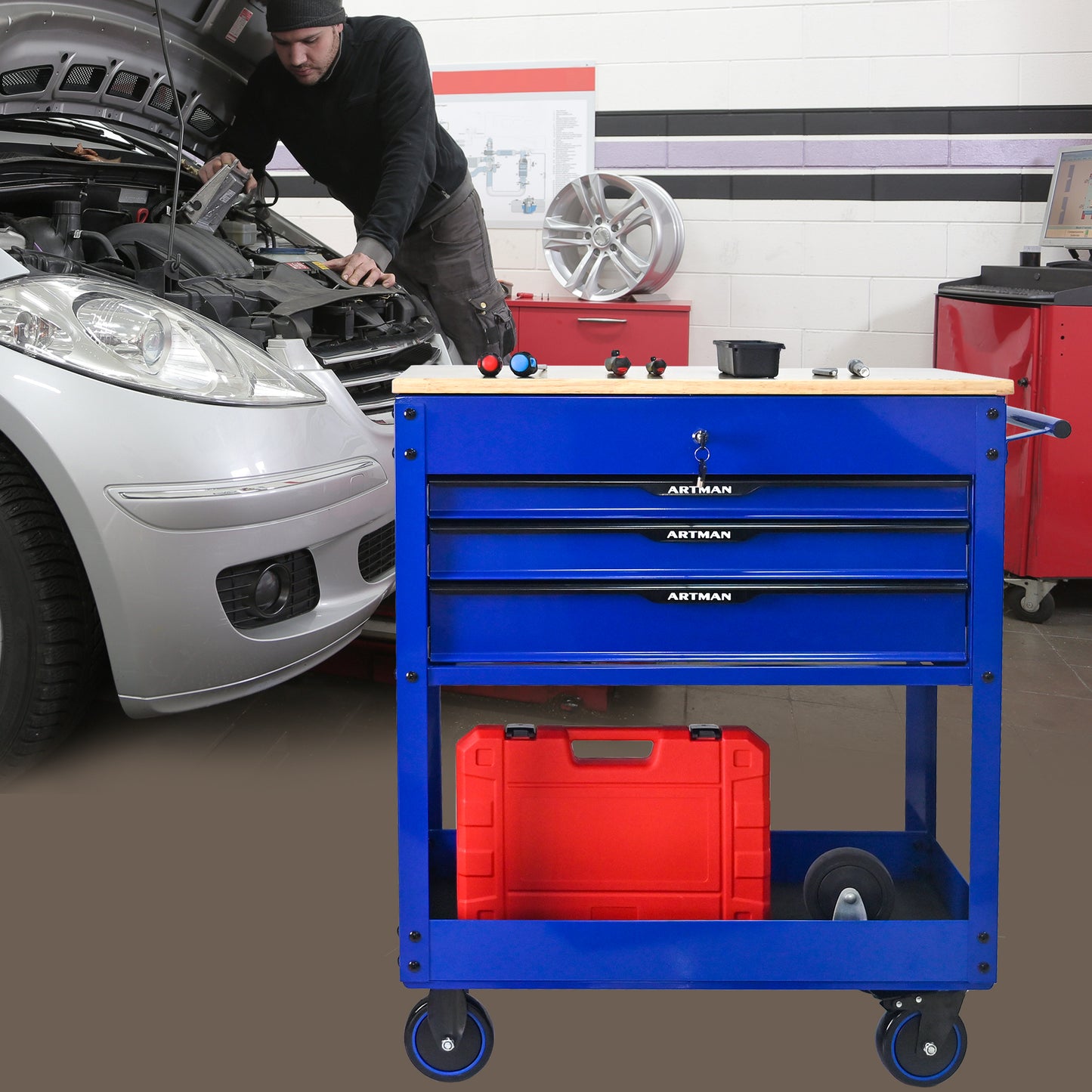 NIGSQJB 3 Drawers Tool Chest on Wheels with Wood Top