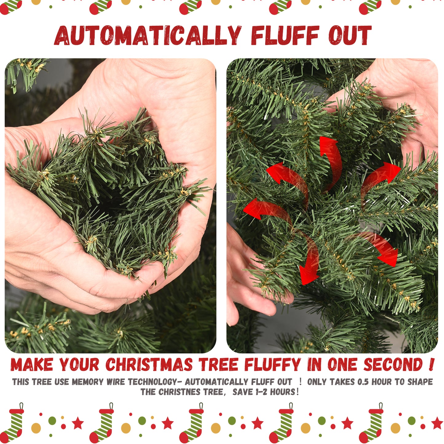 NIGSQJB 5-6-7-8-9ft Pre-Lit PVC Christmas Tree with UL Lights & Tips & Auto-Unfold Memory Wire