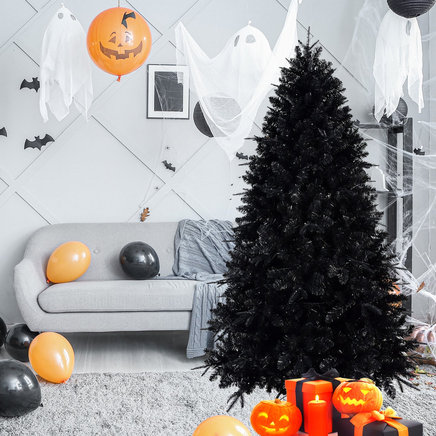 NIGSQJB 4-5-6-7-7.5-8-9ft Black Christmas Tree with White LED Lights
