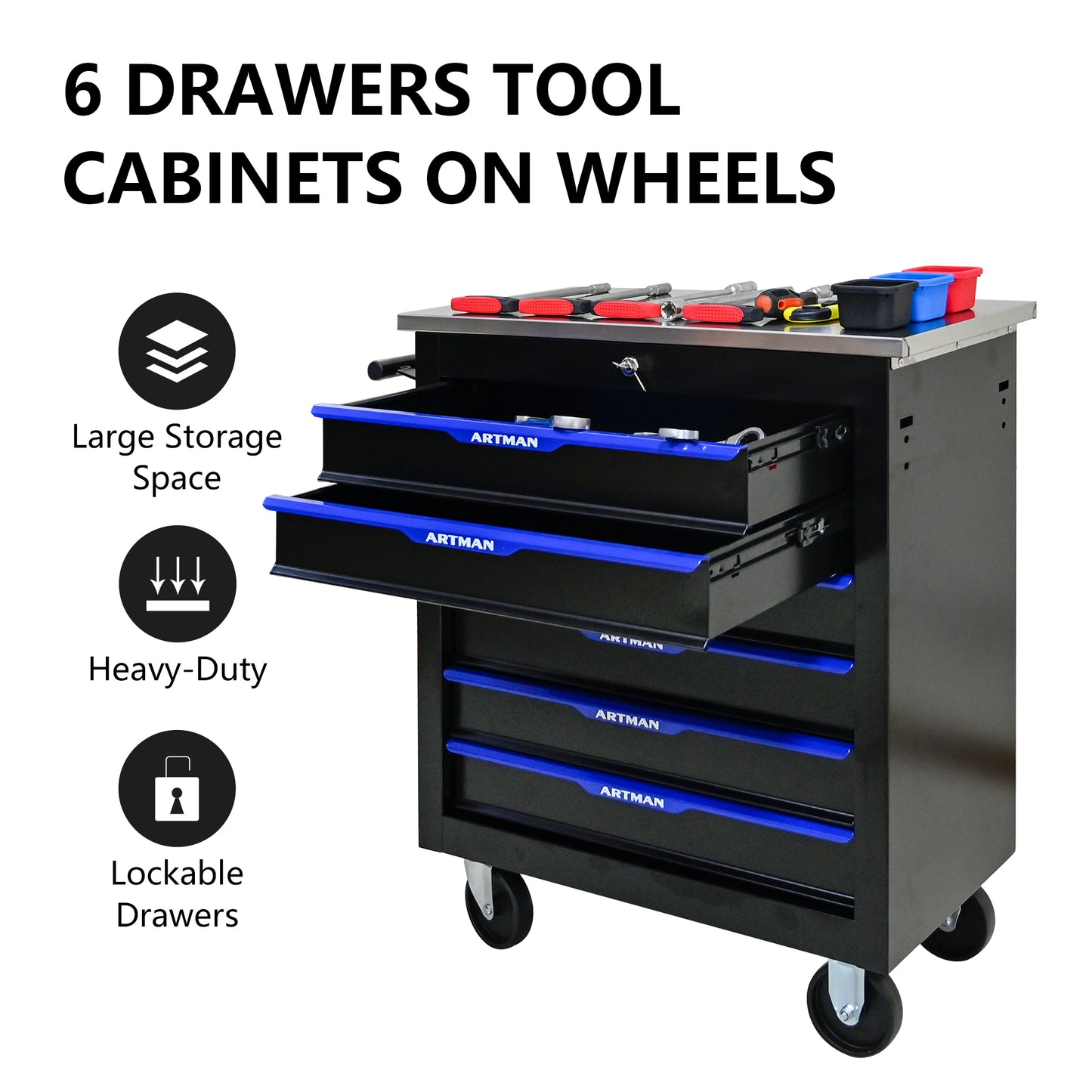NIGSQJB 30.7"H Lockable Rolling Tool Chest with 2-4-5-6-7 Drawers, Black Blue