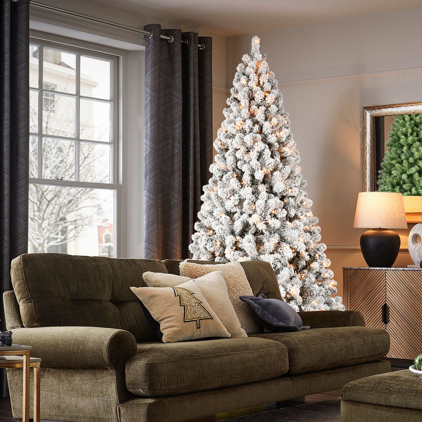 NIGSQJB 5-6-7-8-9ft Flocked Pre-Lit Christmas Tree with UL Warm White Lights & PVC Tips & Auto-Unfold Memory Wire