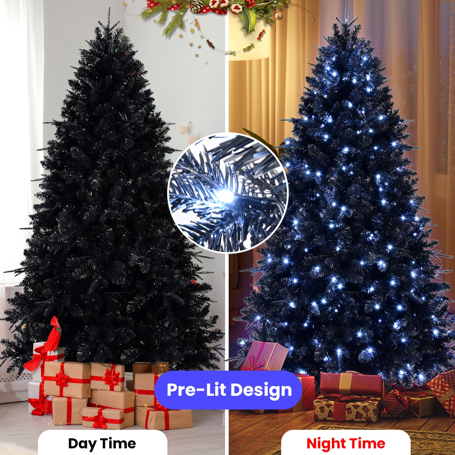 NIGSQJB 4-5-6-7-7.5-8-9ft Black Christmas Tree with White LED Lights