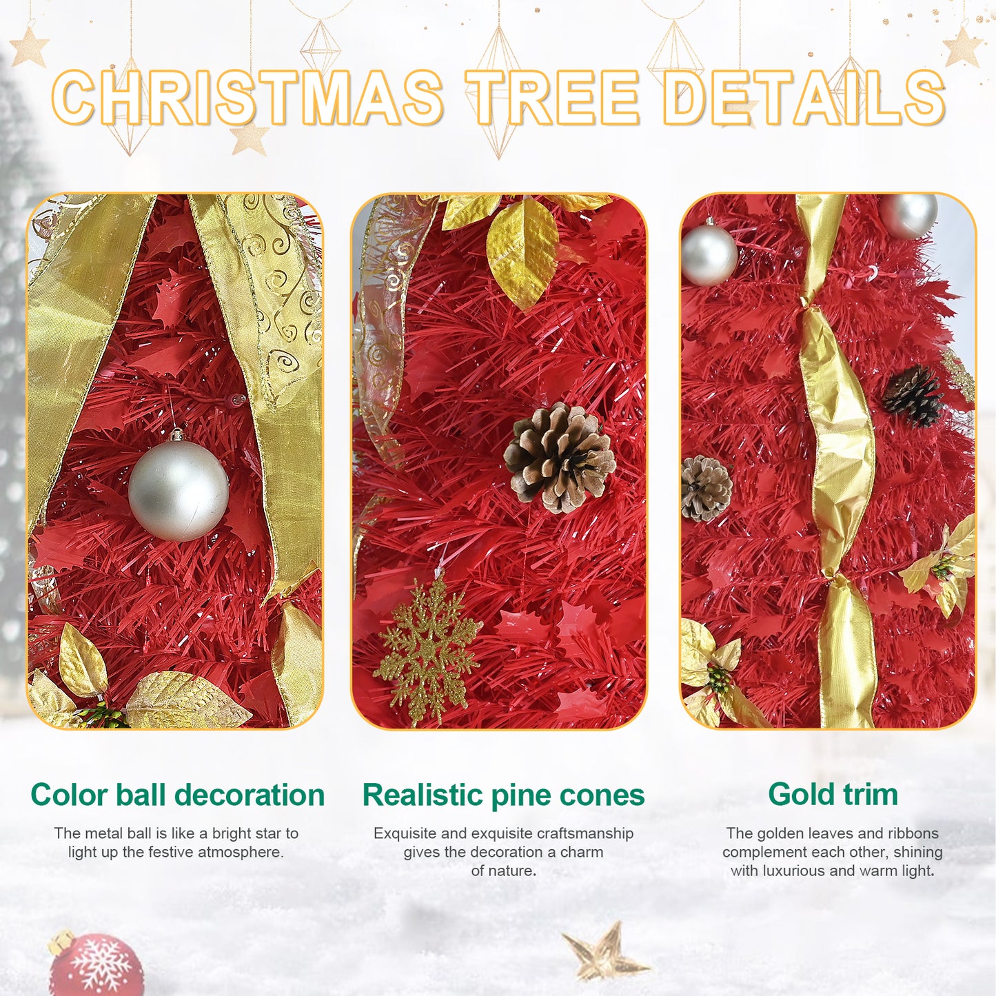 NIGSQJB 6FT Red Pop-Up Christmas Tree with 150 Warm White LED Lights, Ribbons, Bow, Flowers, Snowflakes, Pine Cones & Balls