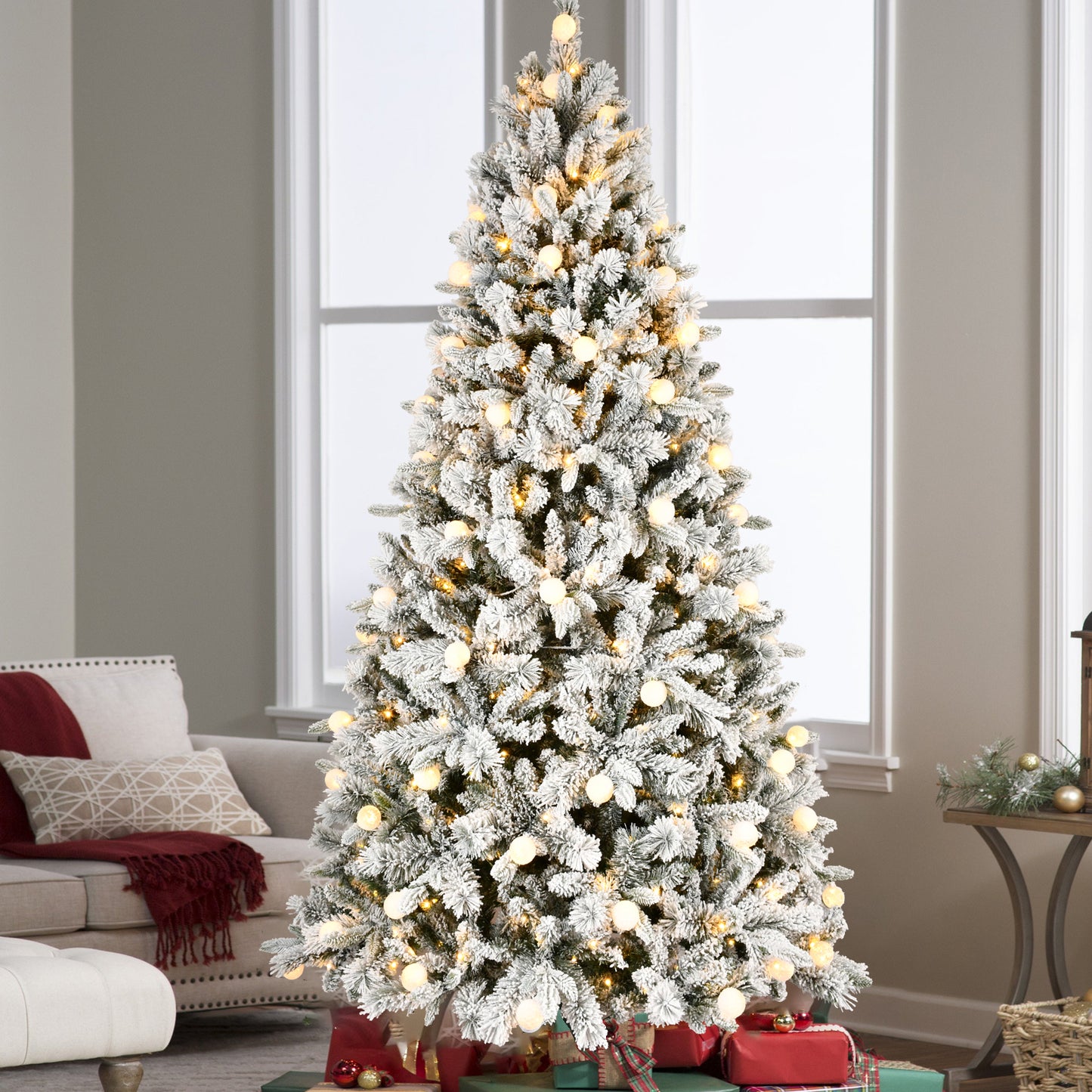 NIGSQJB 7.5-8ft Flocked Christmas Tree with Colorful LED Lights G5 Ball
