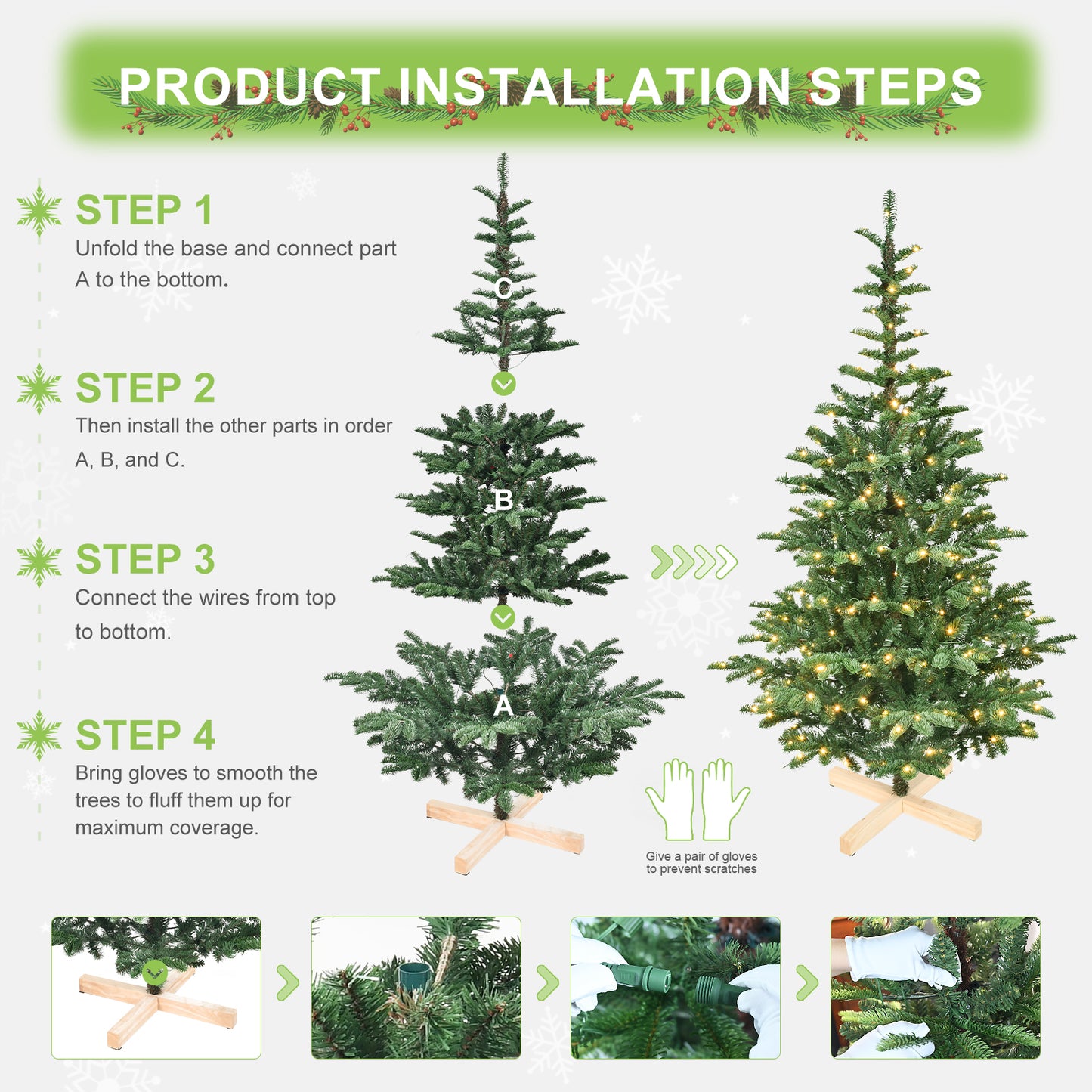 NIGSQJB 5-6-7-8ft Pre-Lit Christmas Tree with Warm White LED & PE+PVC Tips & Unique Wooden Base