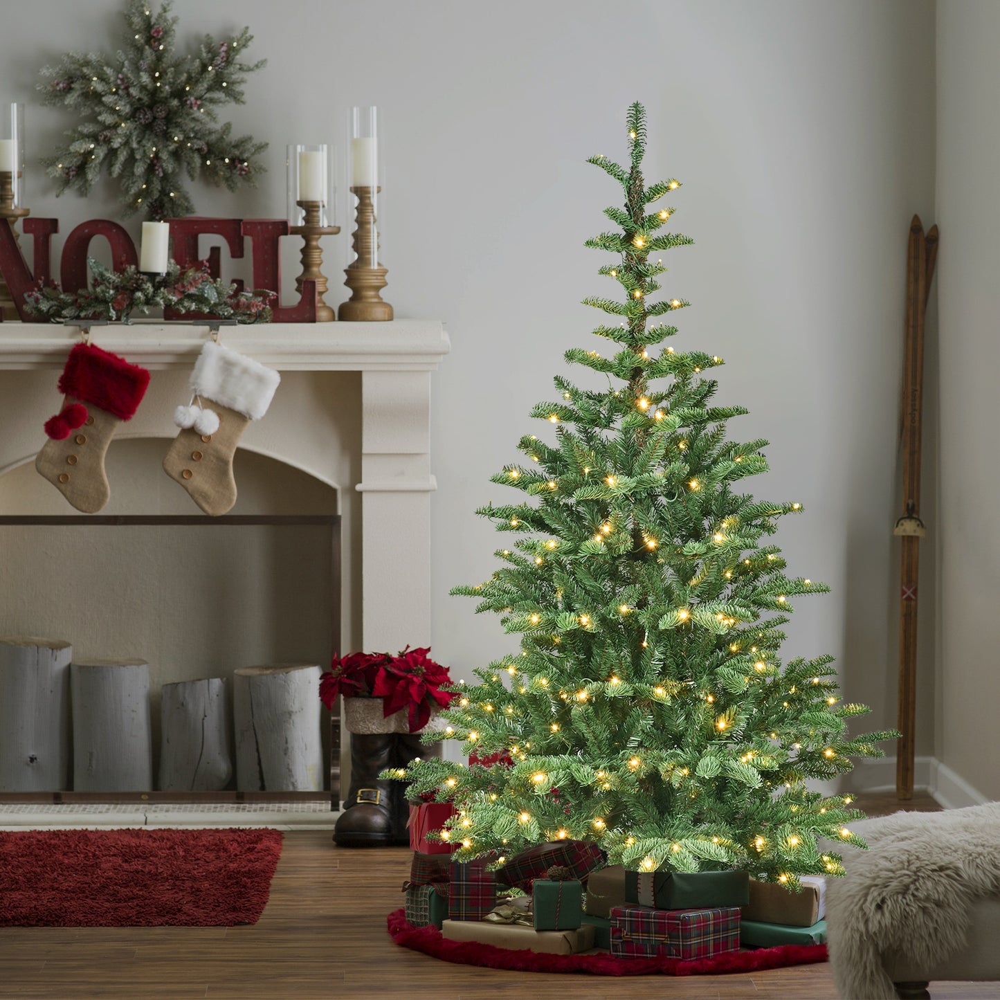 NIGSQJB 5-6-7-8ft Pre-Lit Christmas Tree with Warm White LED & PE+PVC Tips & Unique Wooden Base