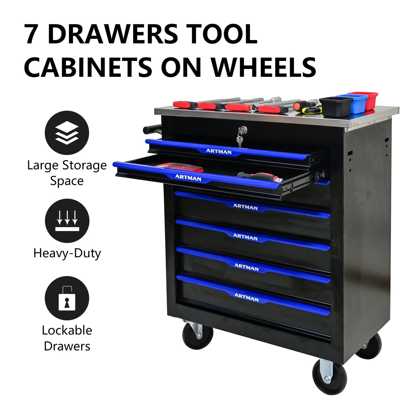 NIGSQJB 30.7"H Lockable Rolling Tool Chest with 2-4-5-6-7 Drawers, Black Blue