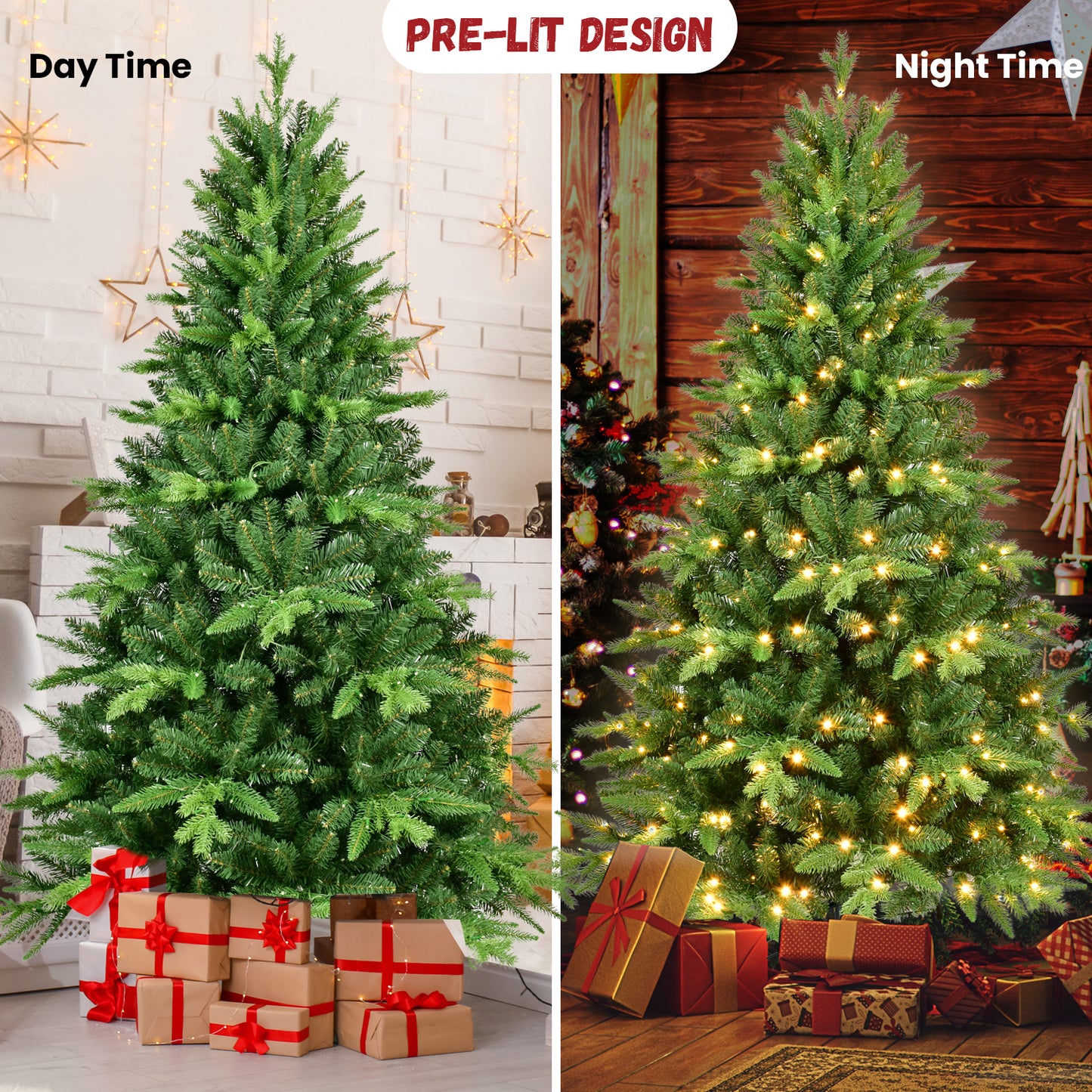 NIGSQJB 5-6-7-8-9ft Pre-Lit Christmas Tree with Warm White LED Lights & Tips