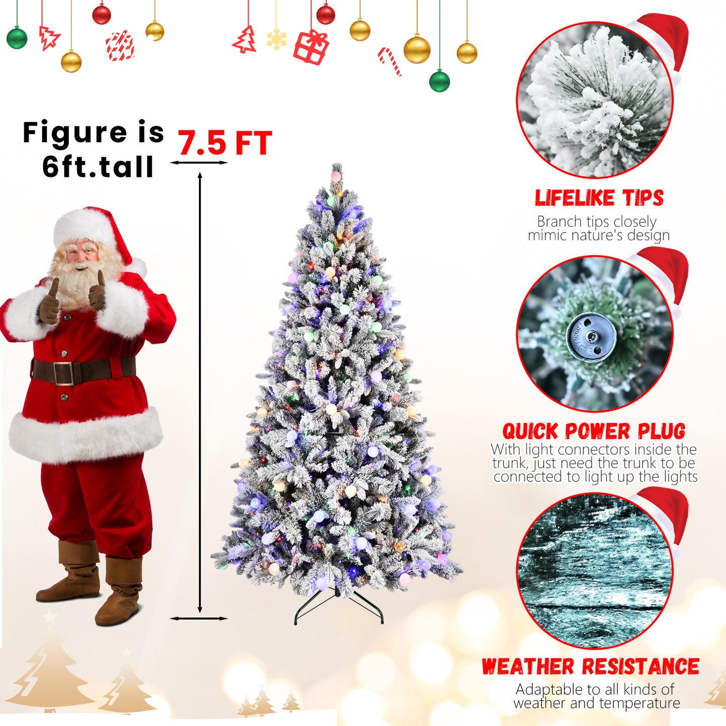 NIGSQJB 7.5-8ft Flocked Christmas Tree with Colorful LED Lights G5 Ball