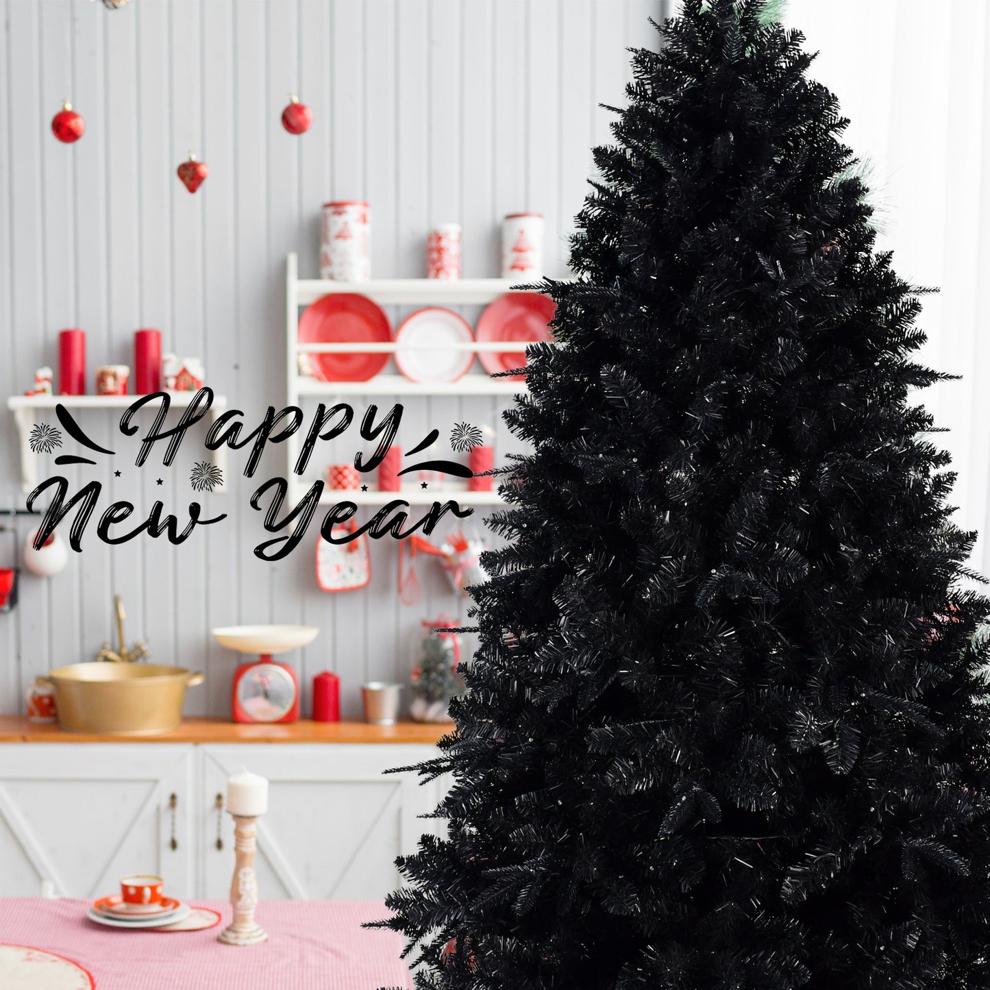 NIGSQJB 4-5-6-7-7.5-8-9ft Black Christmas Tree with White LED Lights