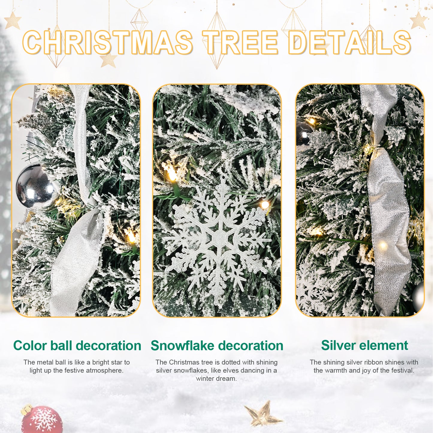 NIGSQJB 7FT Flocked Pop-Up Christmas Tree with 200 Warm White UL Lights, Ornaments, Snowflakes, Ribbons & Large Bow
