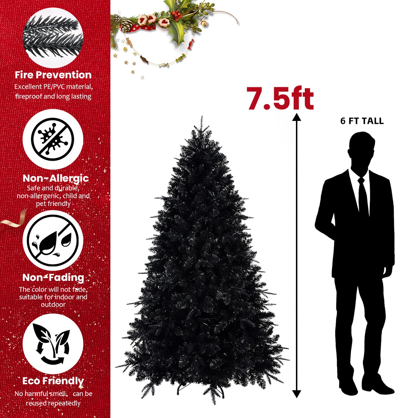 NIGSQJB 4-5-6-7-7.5-8-9ft Black Christmas Tree with White LED Lights