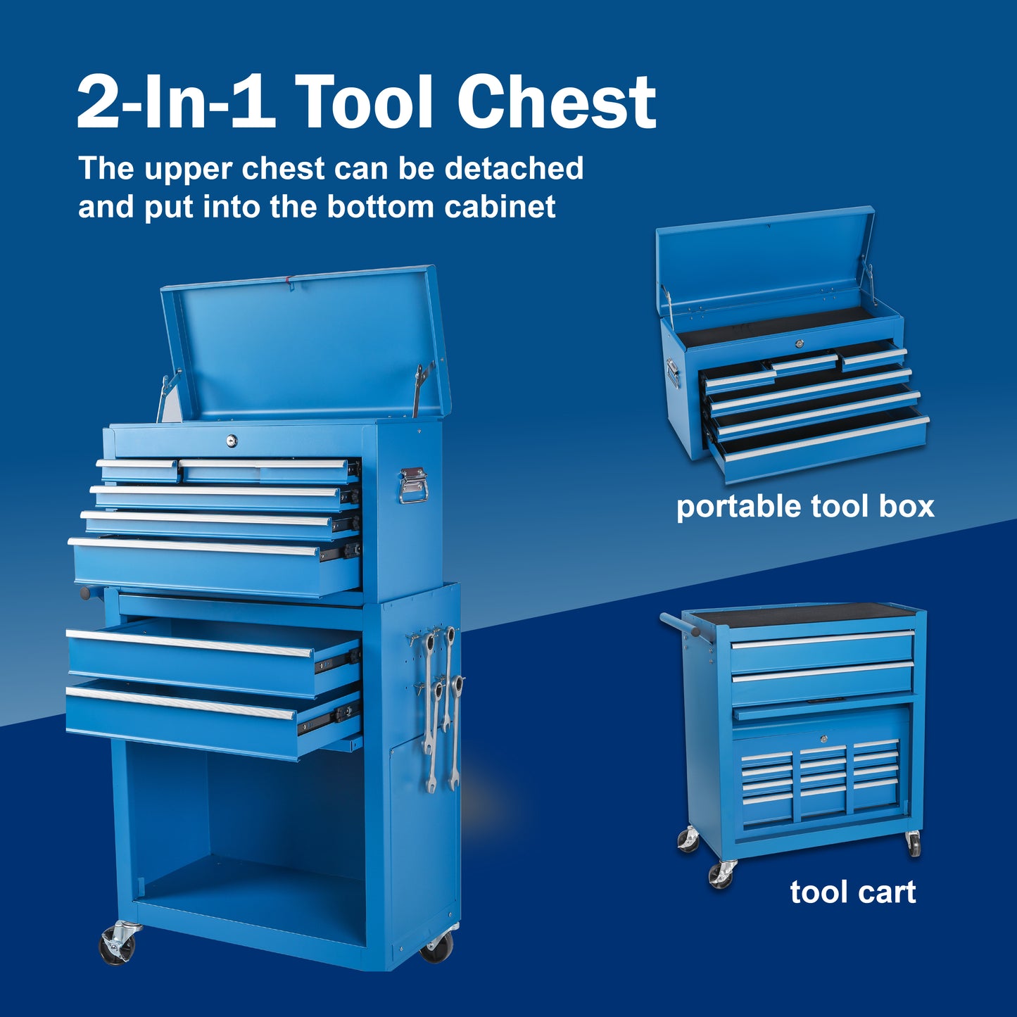NIGSQJB 8-Drawers Tool Chest with Lockable Wheels Detachable Top & Side Hook