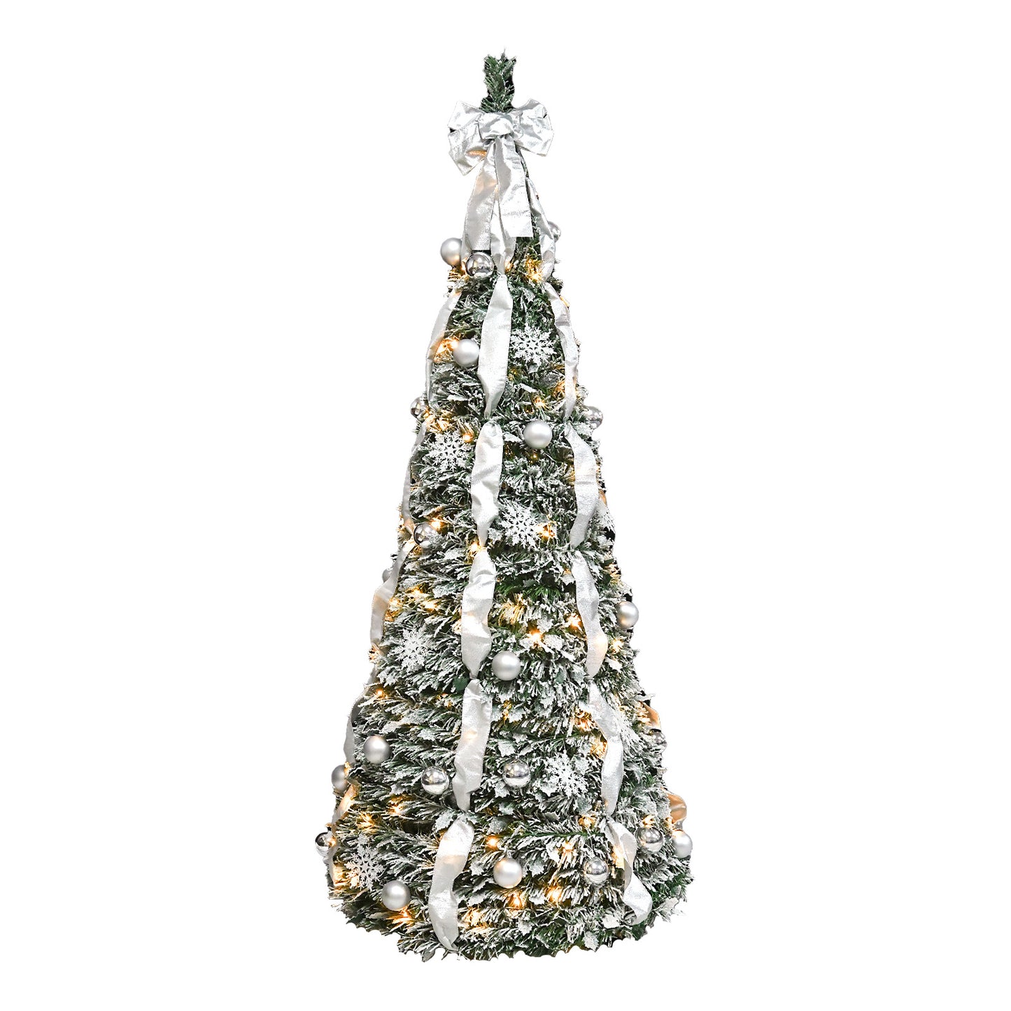 NIGSQJB 7FT Flocked Pop-Up Christmas Tree with 200 Warm White UL Lights, Ornaments, Snowflakes, Ribbons & Large Bow