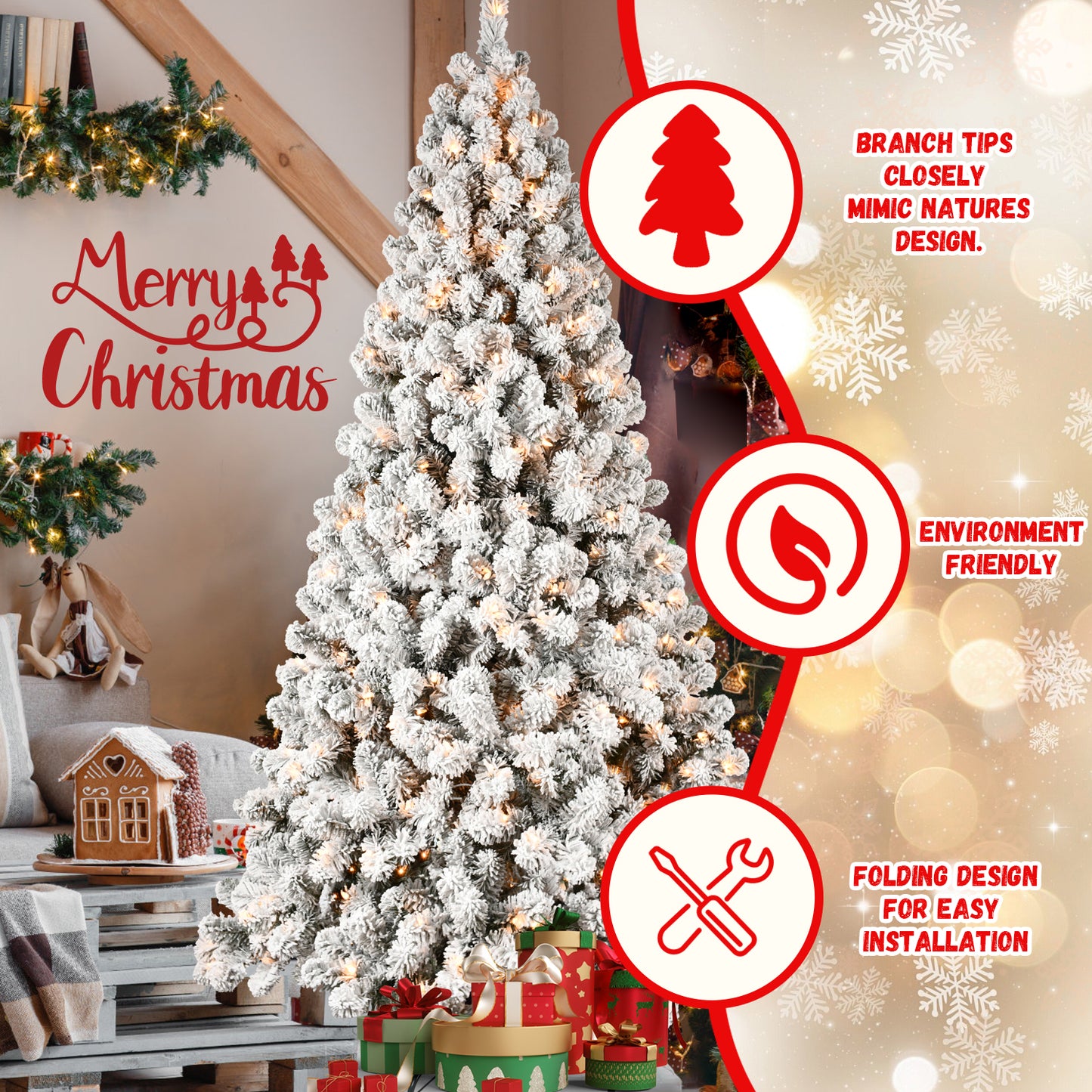 NIGSQJB 5-6-7-8-9ft Flocked Pre-Lit Christmas Tree with UL Warm White Lights & PVC Tips & Auto-Unfold Memory Wire