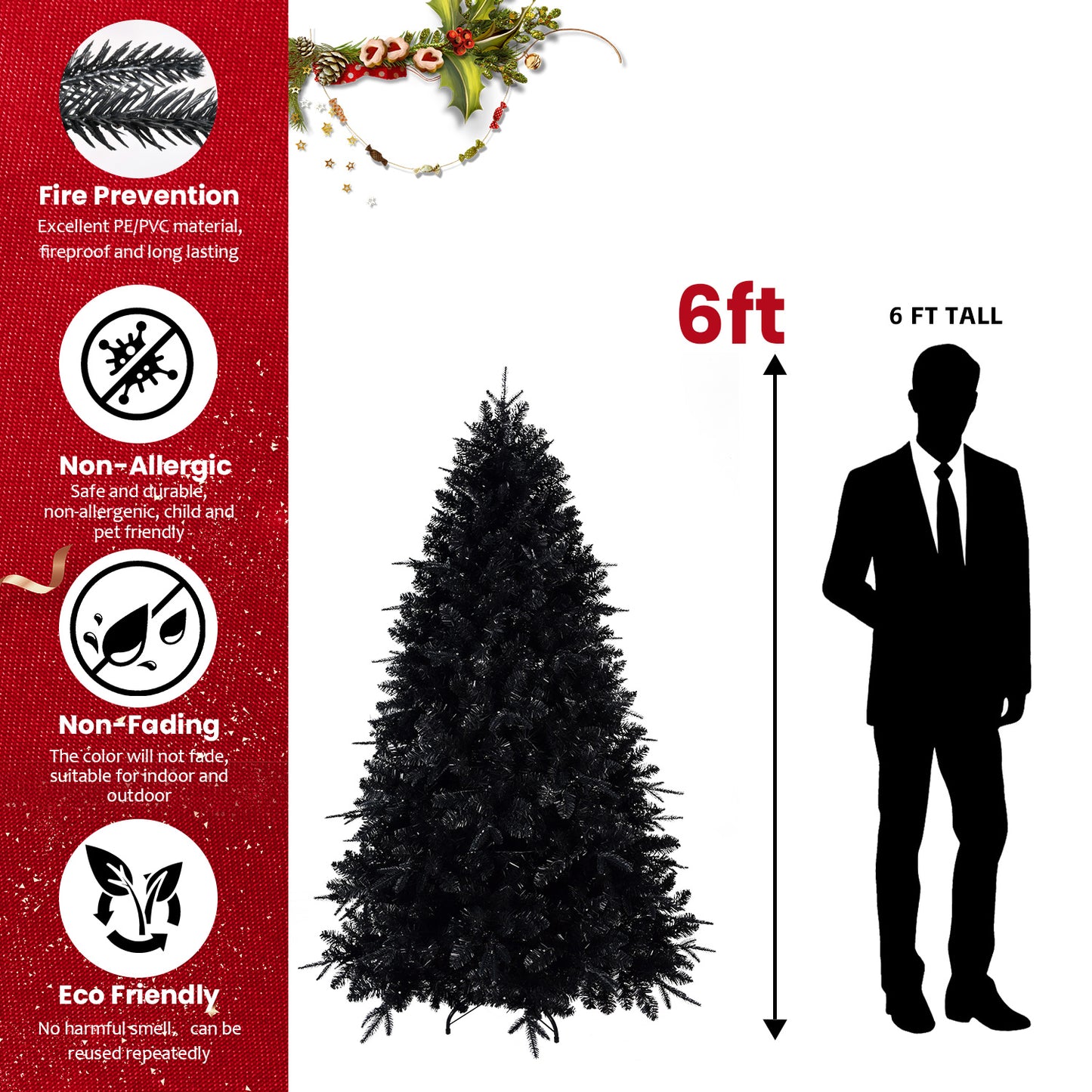NIGSQJB 4-5-6-7-7.5-8-9ft Black Christmas Tree with White LED Lights