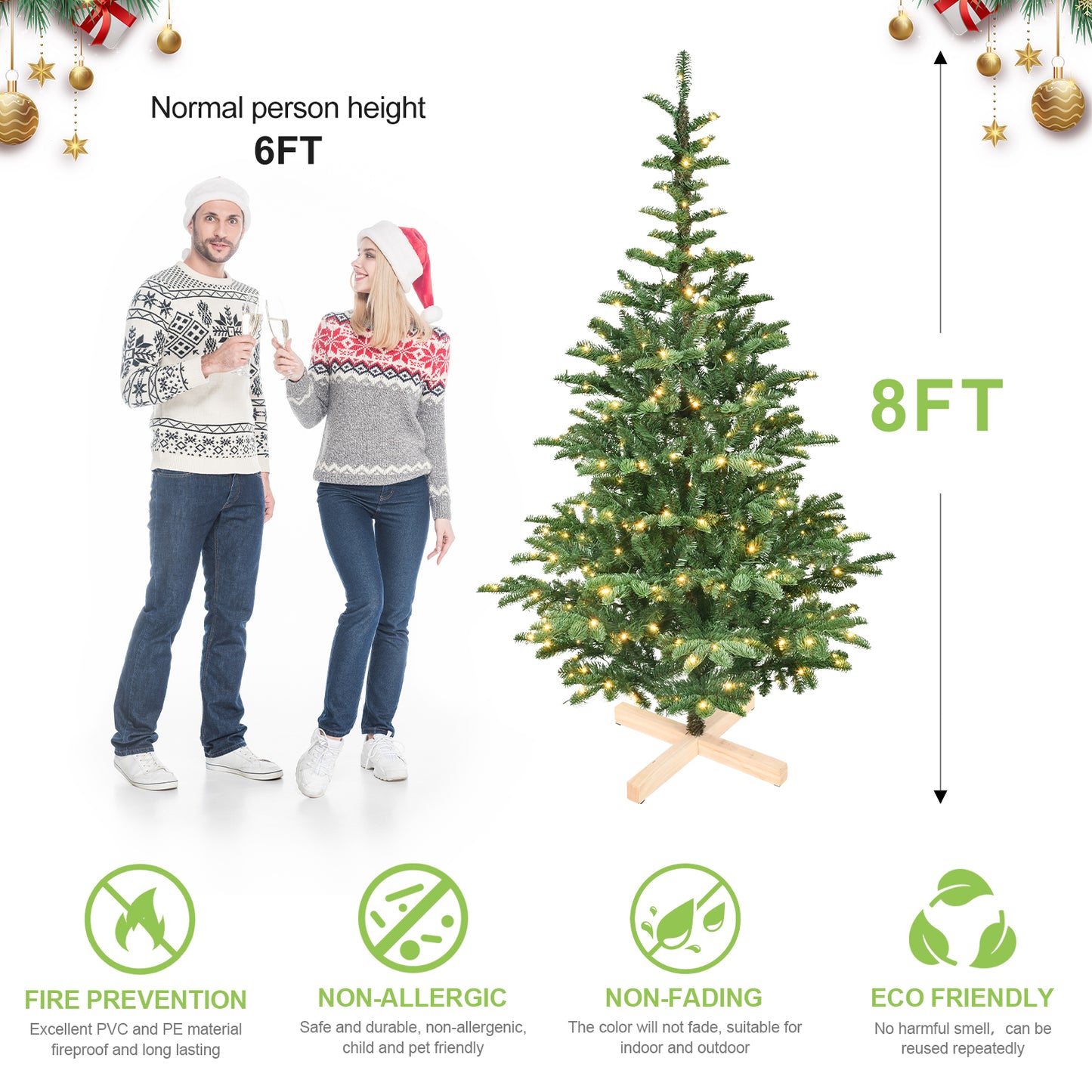 NIGSQJB 5-6-7-8ft Pre-Lit Christmas Tree with Warm White LED & PE+PVC Tips & Unique Wooden Base