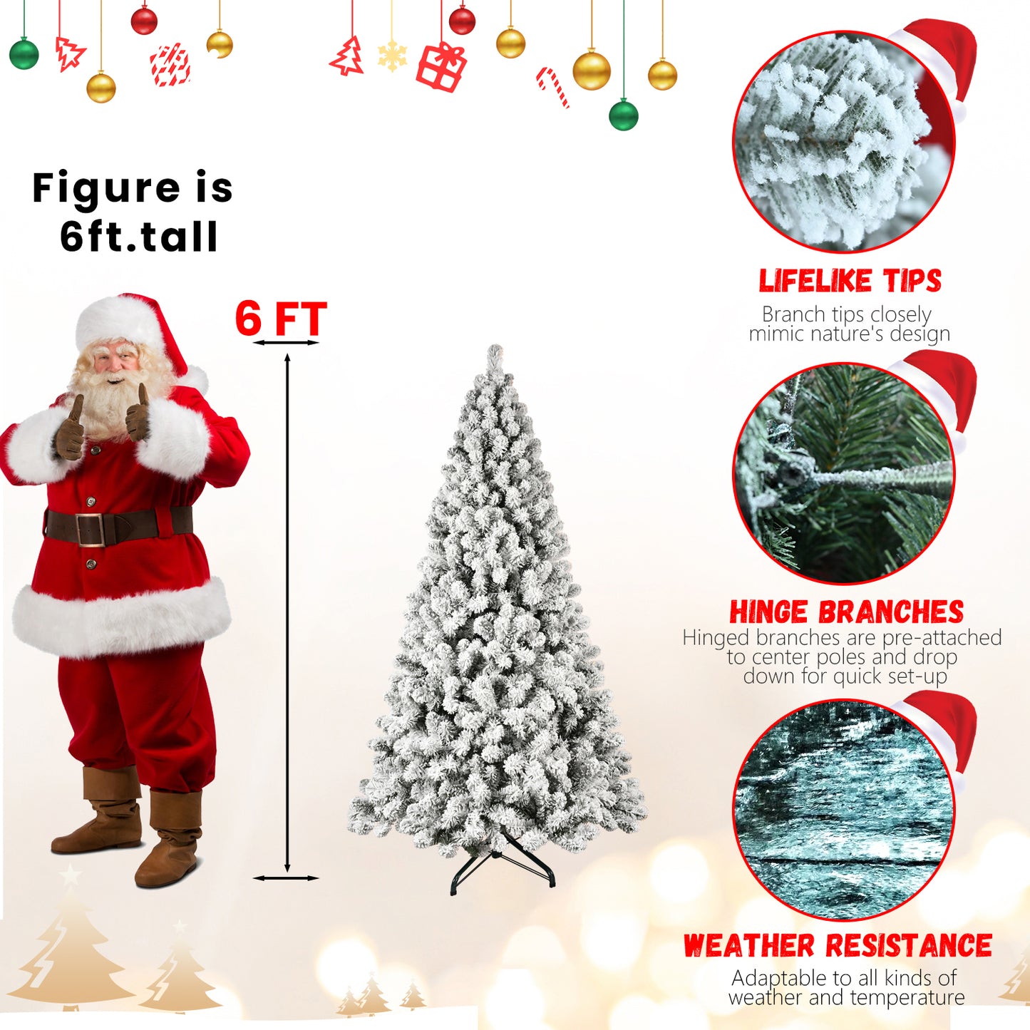 NIGSQJB 5-6-7-8-9ft Flocked Pre-Lit Christmas Tree with UL Warm White Lights & PVC Tips & Auto-Unfold Memory Wire