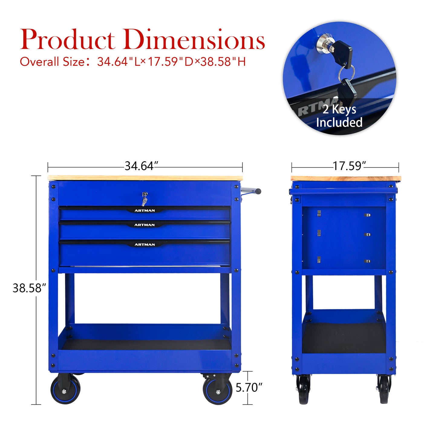NIGSQJB 3 Drawers Tool Chest on Wheels with Wood Top