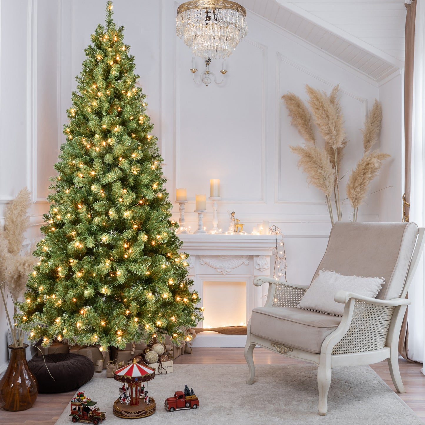 NIGSQJB 5-6-7-8-9ft Pre-Lit PVC Christmas Tree with UL Lights & Tips & Auto-Unfold Memory Wire
