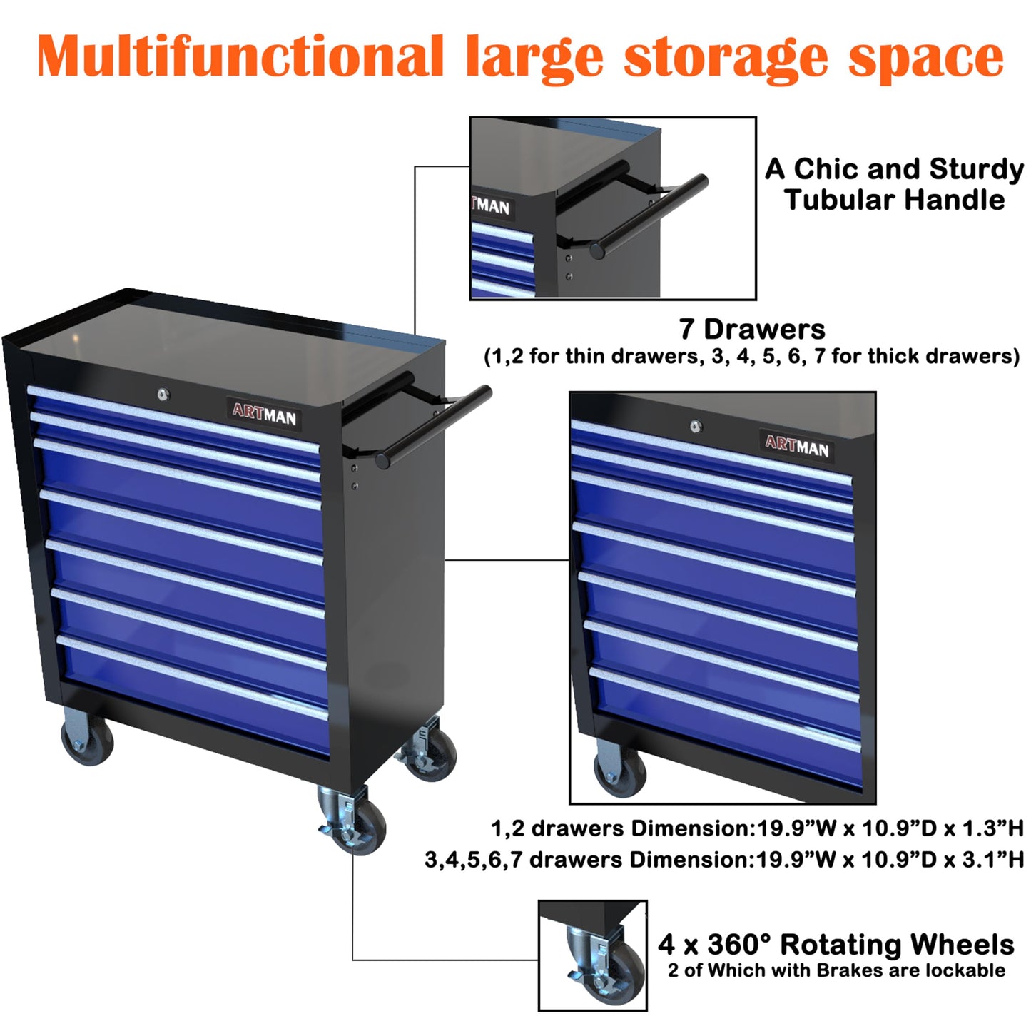 NIGSQJB 29.9"H Rolling Tool Box Cart with 7 Drawers