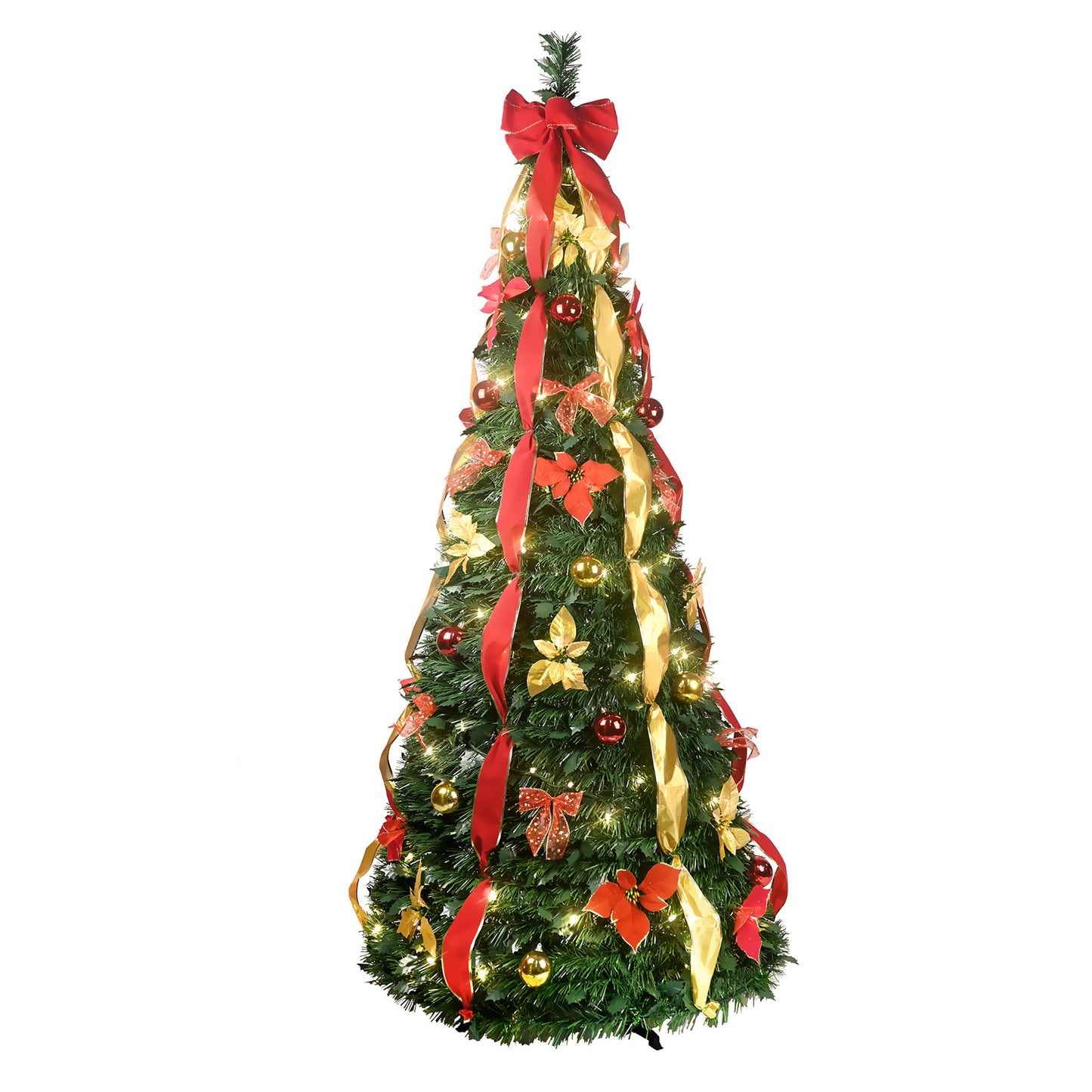 NIGSQJB 6FT Pop-Up Christmas Tree with 150 Warm White UL Lights, Red & Gold Ornaments, Flowers, Ribbons & Bows