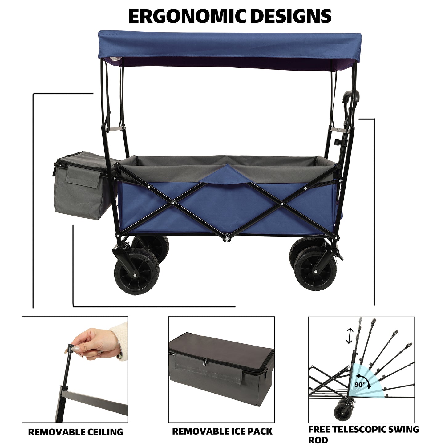 NIGSQJB 480Lbs Collapsible Shopping Cart with Canopy, Mosquito Net & 7" All-Terrain Wheels