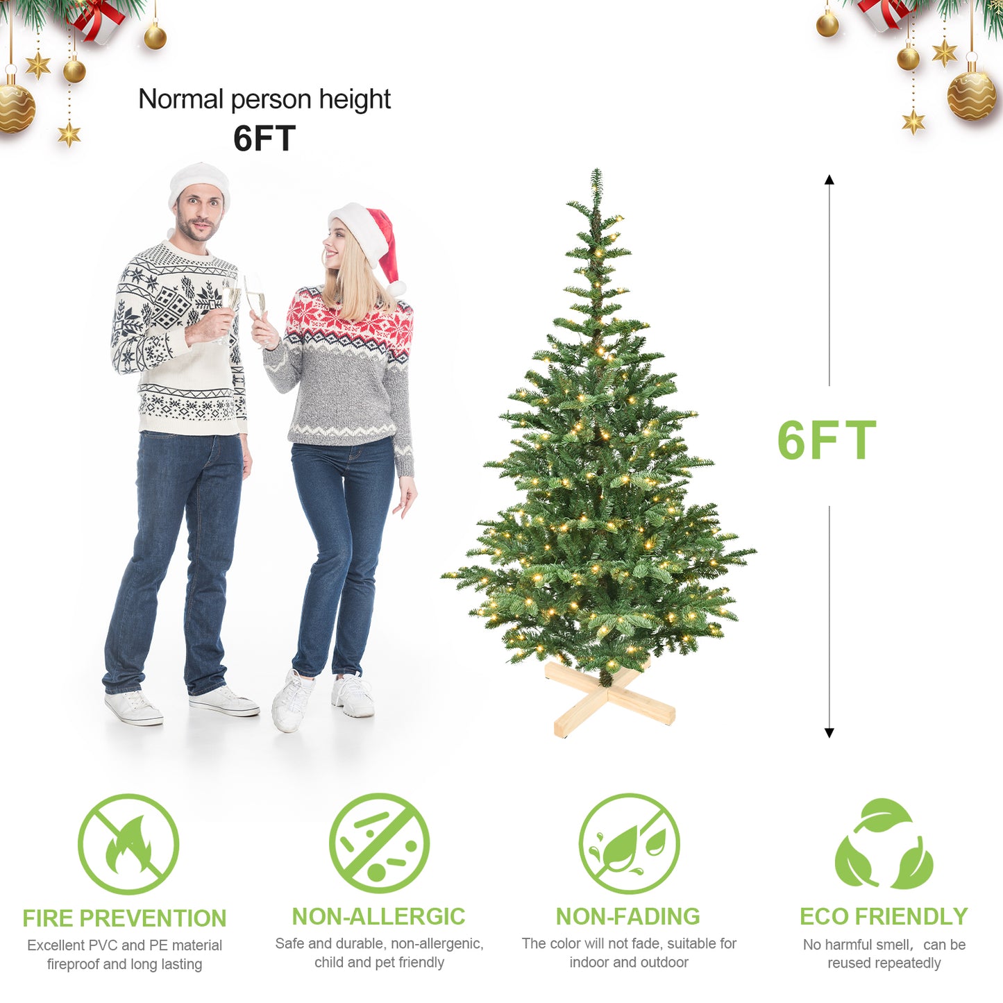 NIGSQJB 5-6-7-8ft Pre-Lit Christmas Tree with Warm White LED & PE+PVC Tips & Unique Wooden Base