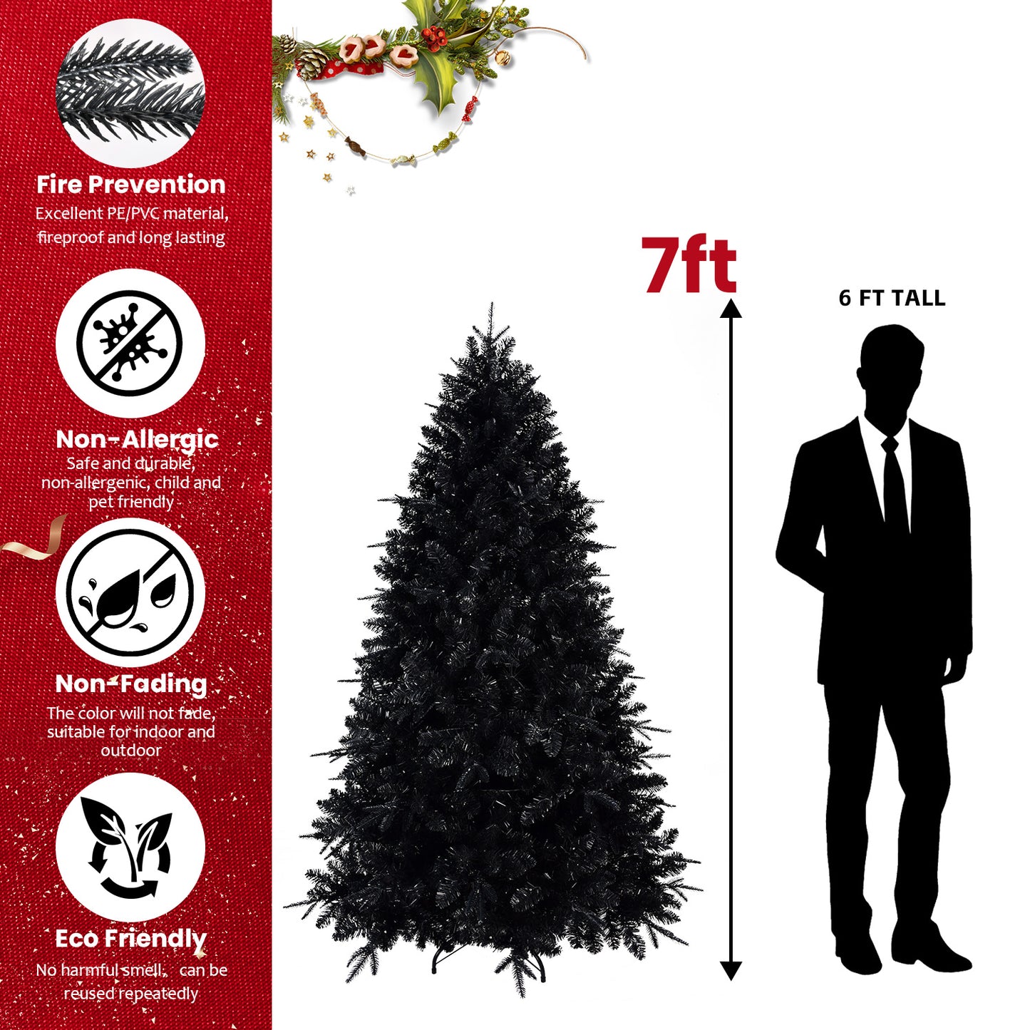 NIGSQJB 4-5-6-7-7.5-8-9ft Black Christmas Tree with White LED Lights