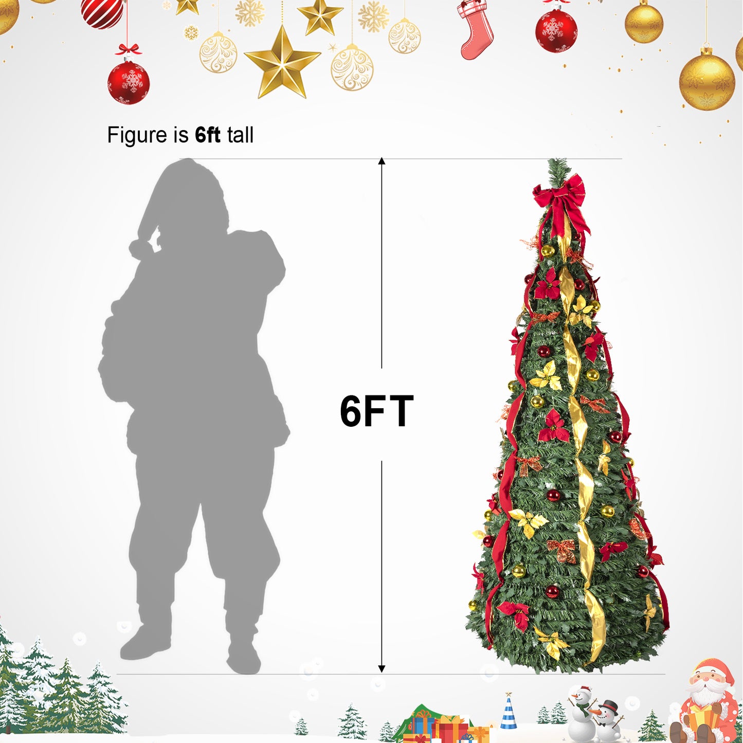 NIGSQJB 6FT Pop-Up Christmas Tree with 150 Warm White UL Lights, Red & Gold Ornaments, Flowers, Ribbons & Bows