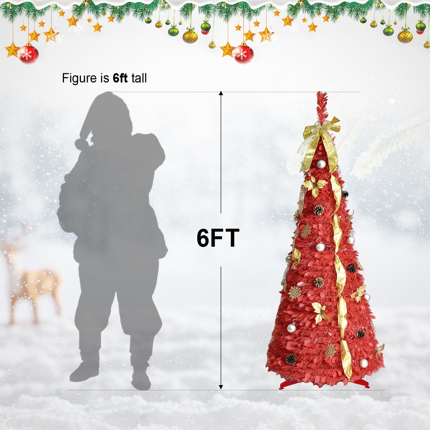NIGSQJB 6FT Red Pop-Up Christmas Tree with 150 Warm White LED Lights, Ribbons, Bow, Flowers, Snowflakes, Pine Cones & Balls