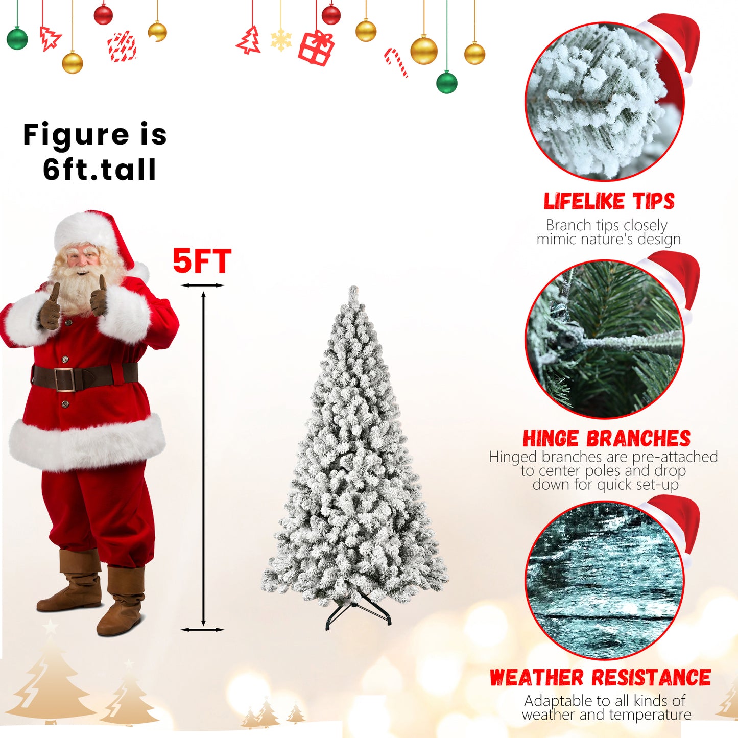 NIGSQJB 5-6-7-8-9ft Flocked Pre-Lit Christmas Tree with UL Warm White Lights & PVC Tips & Auto-Unfold Memory Wire