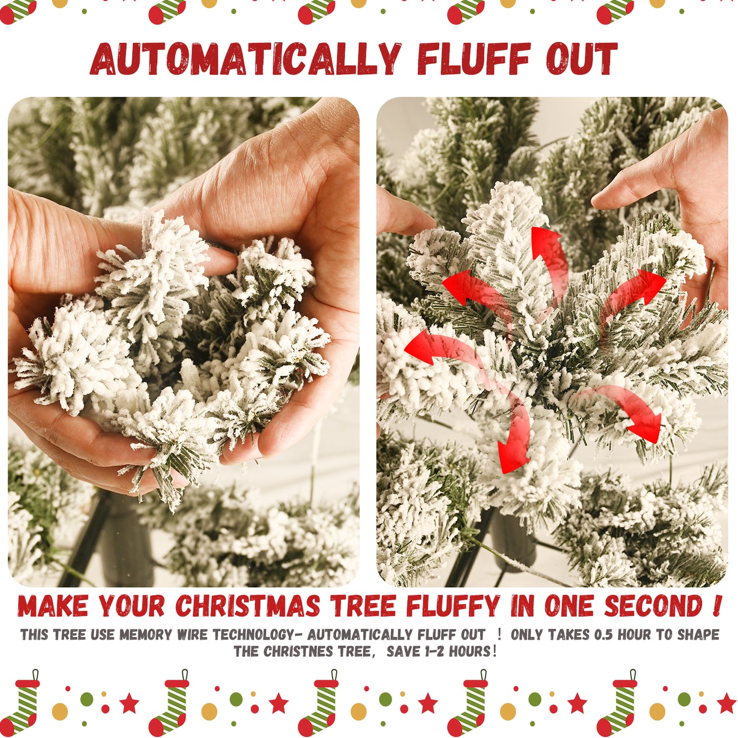 NIGSQJB 5-6-7-8-9ft Flocked Pre-Lit Christmas Tree with UL Warm White Lights & PVC Tips & Auto-Unfold Memory Wire