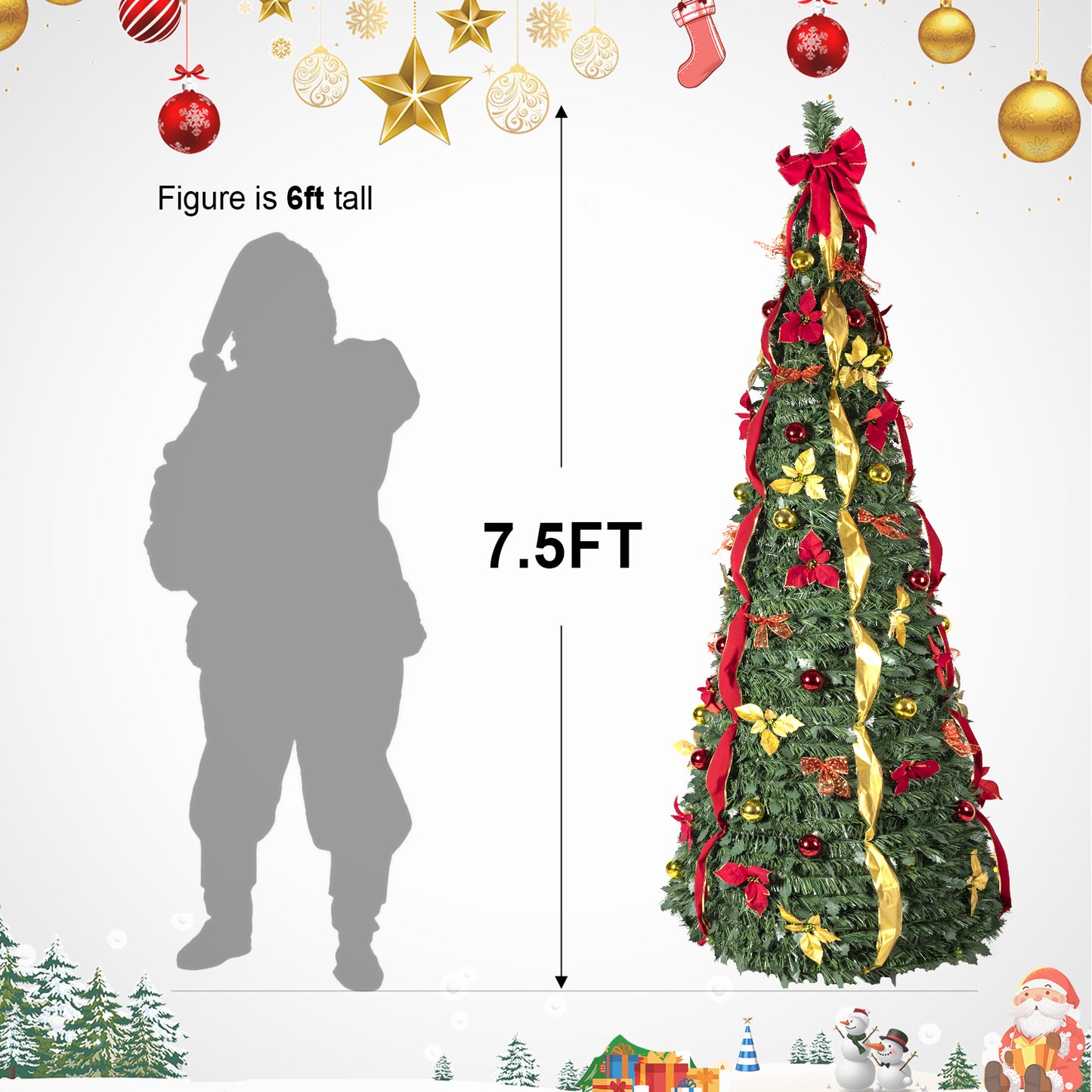 NIGSQJB 7.5FT Pop-Up Christmas Tree with 200 Warm White UL Lights, Red & Gold Ornaments, Flowers, Ribbons & Bows