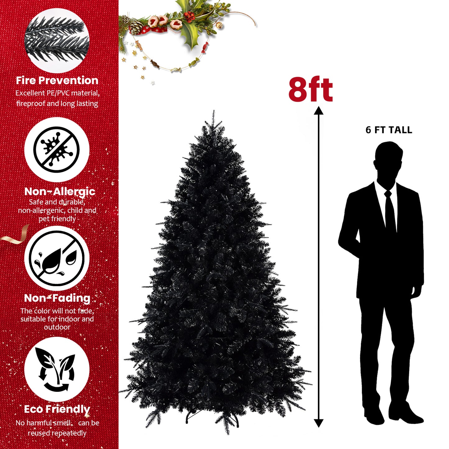 NIGSQJB 4-5-6-7-7.5-8-9ft Black Christmas Tree with White LED Lights