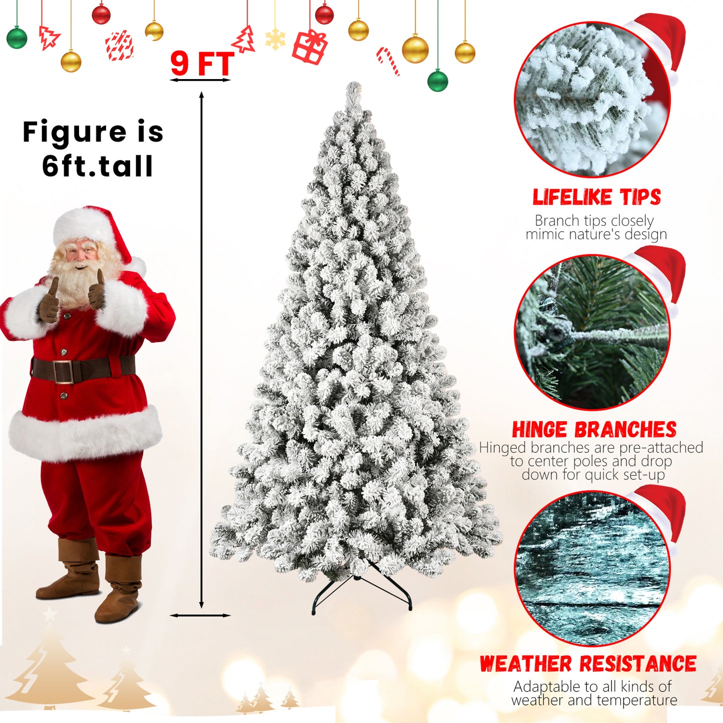 NIGSQJB 5-6-7-8-9ft Flocked Pre-Lit Christmas Tree with UL Warm White Lights & PVC Tips & Auto-Unfold Memory Wire