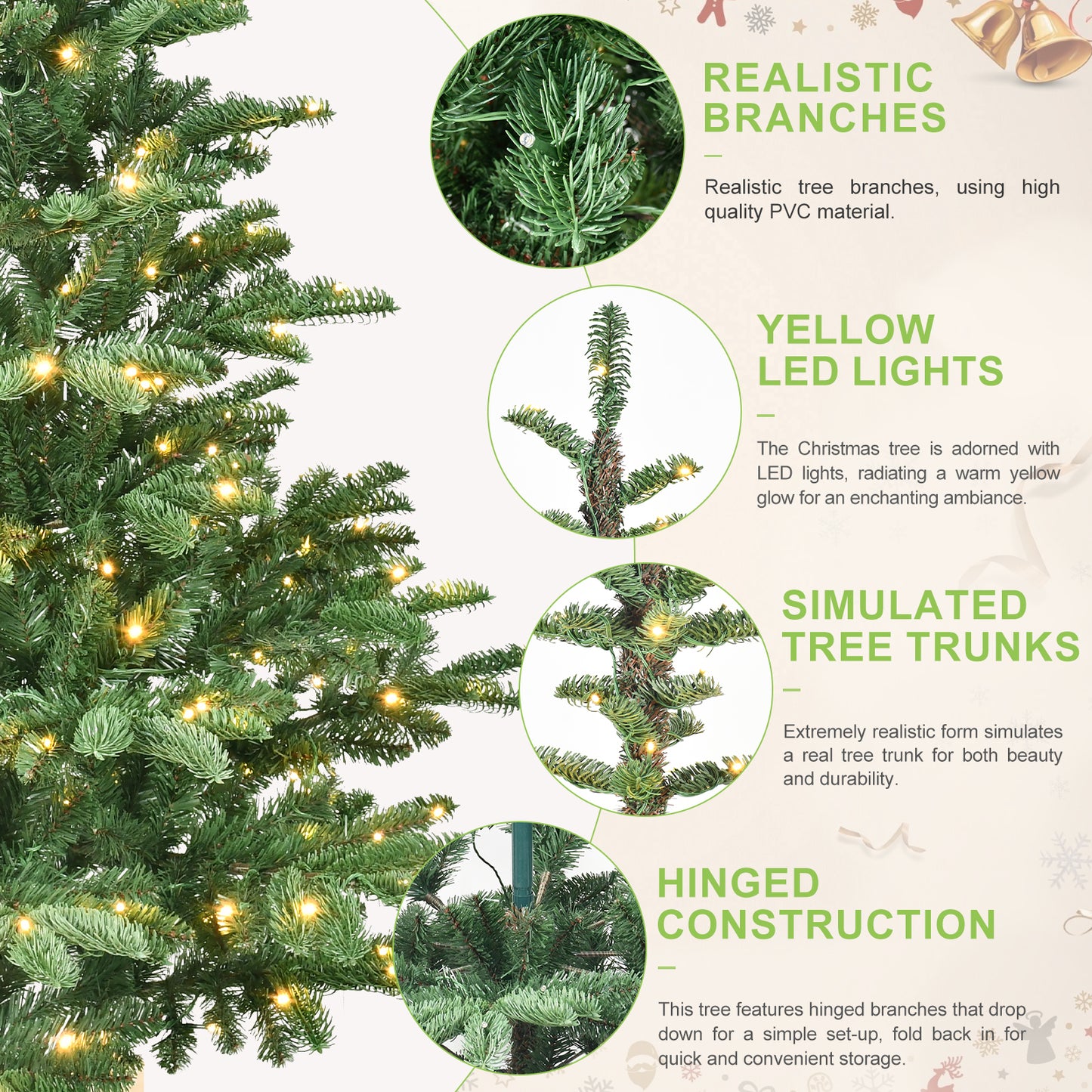 NIGSQJB 5-6-7-8ft Pre-Lit Christmas Tree with Warm White LED & PE+PVC Tips & Unique Wooden Base