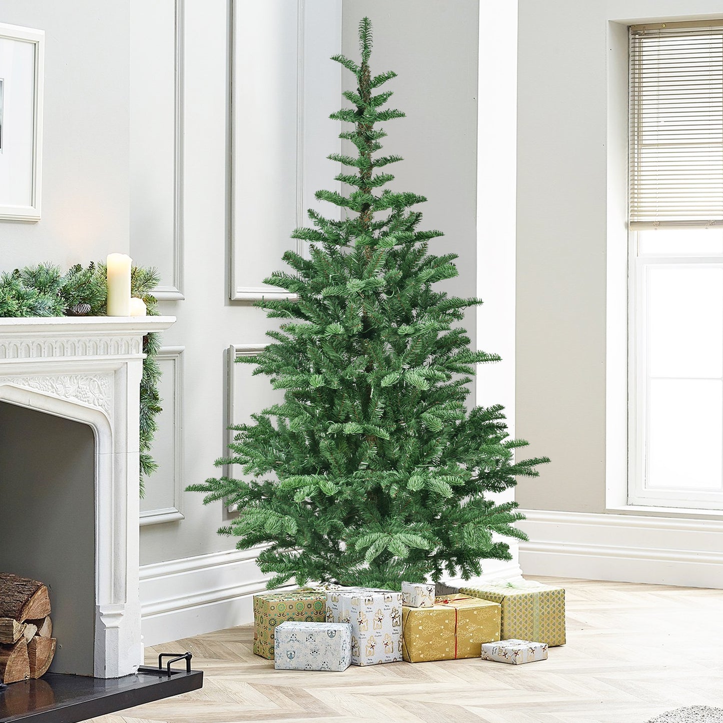 NIGSQJB 5-6-7-8ft Pre-Lit Christmas Tree with Warm White LED & PE+PVC Tips & Unique Wooden Base