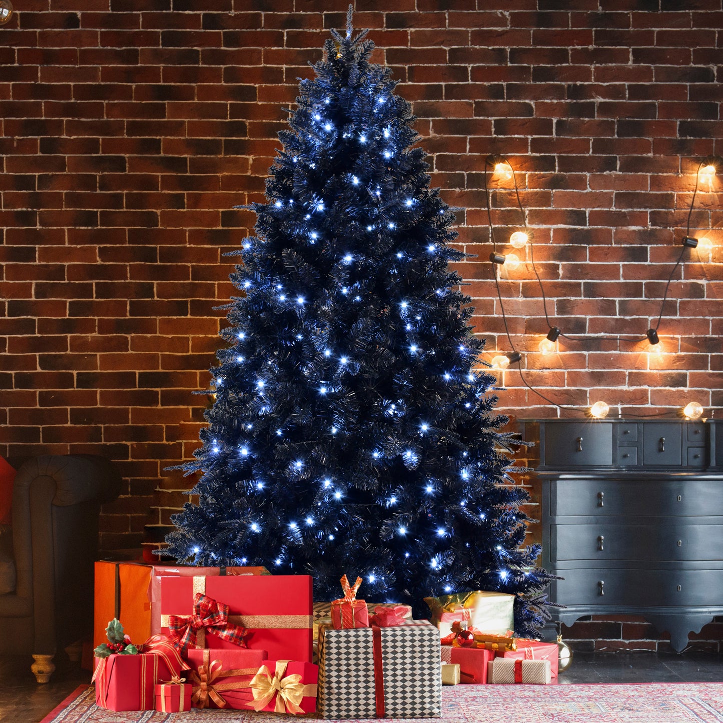 NIGSQJB 4-5-6-7-7.5-8-9ft Black Christmas Tree with White LED Lights