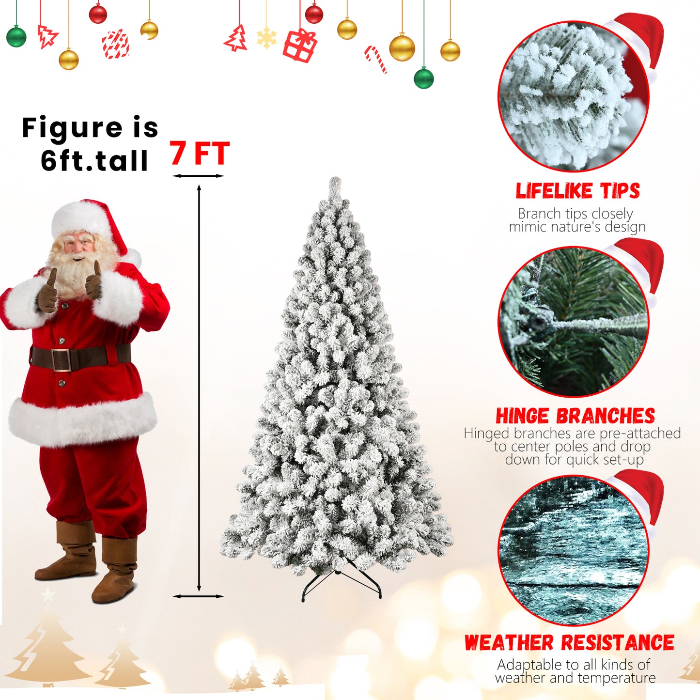 NIGSQJB 5-6-7-8-9ft Flocked Pre-Lit Christmas Tree with UL Warm White Lights & PVC Tips & Auto-Unfold Memory Wire
