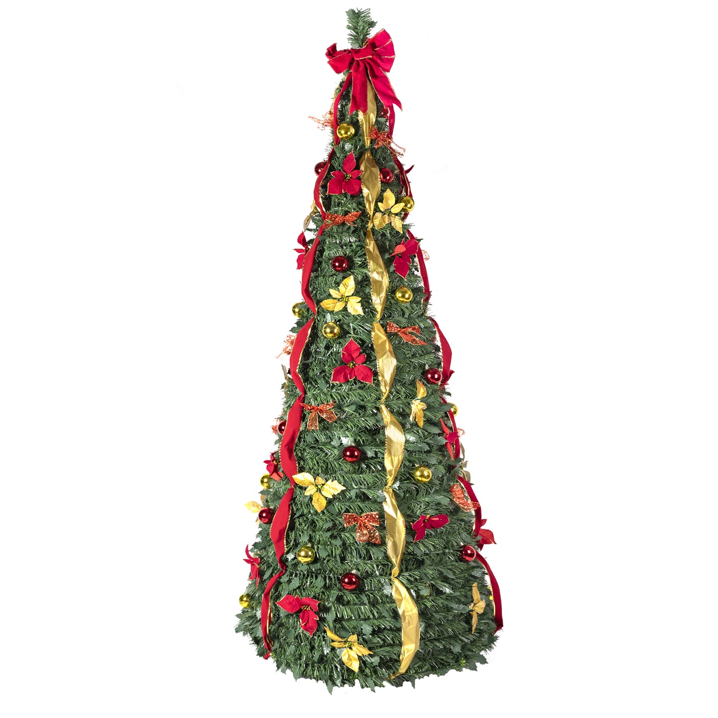 NIGSQJB 7.5FT Pop-Up Christmas Tree with 200 Warm White UL Lights, Red & Gold Ornaments, Flowers, Ribbons & Bows