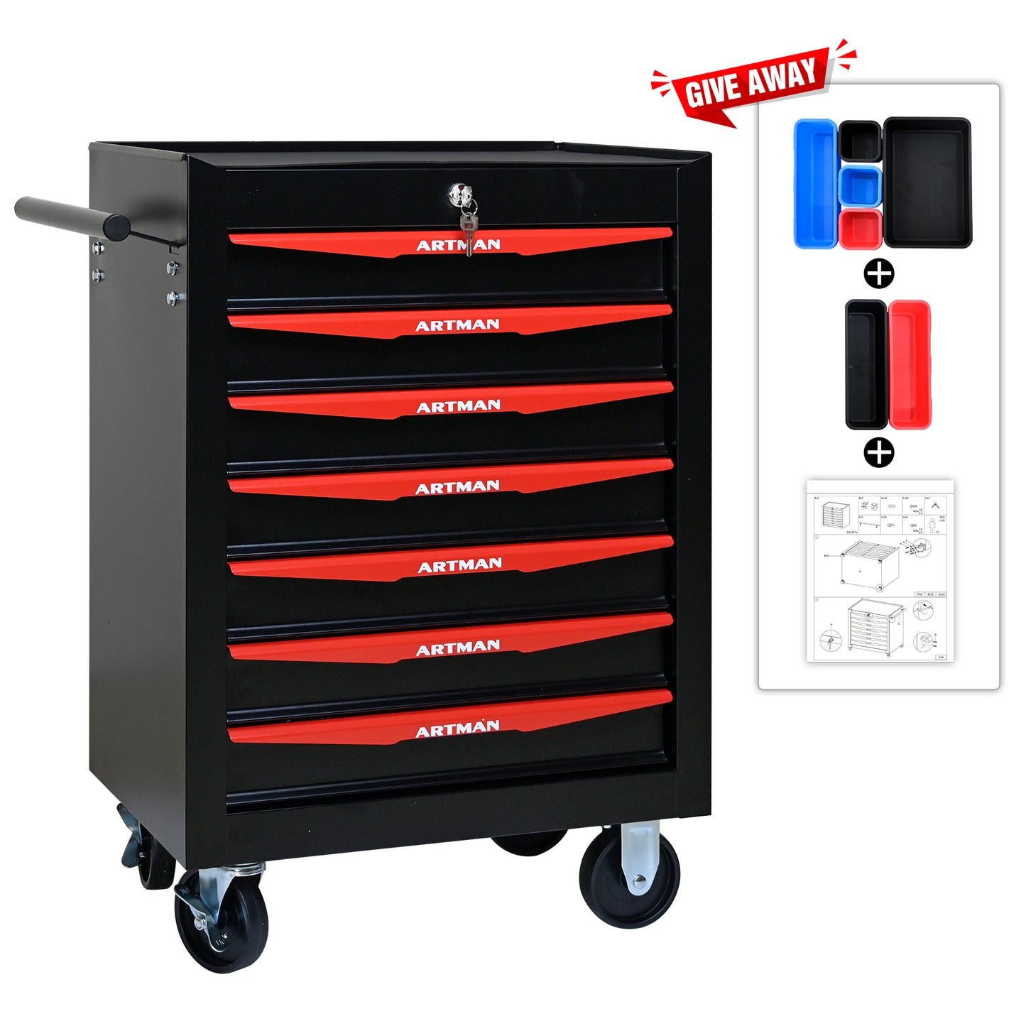 NIGSQJB 30.5"H Rolling Tool Chest with 4-5-6-7 Drawers, Black Red