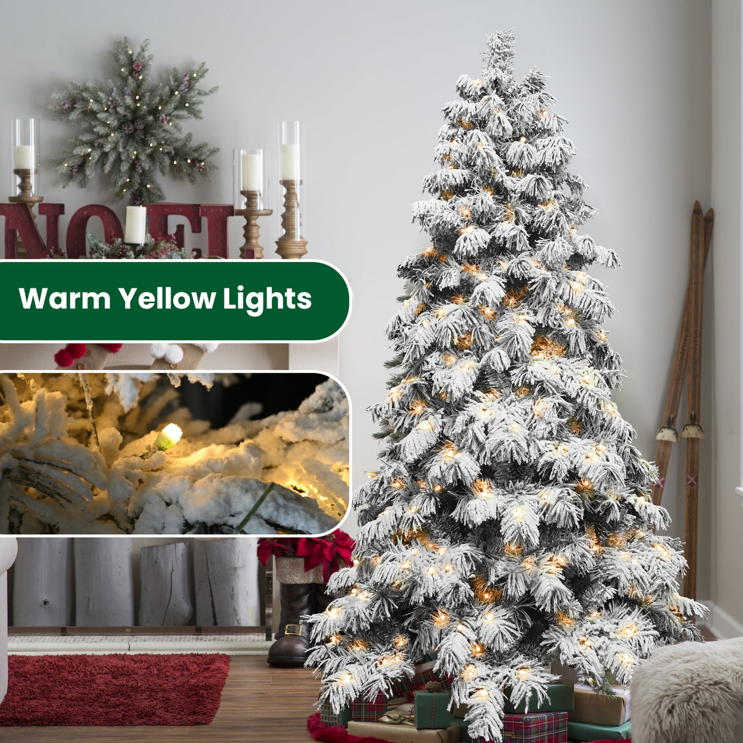 NIGSQJB 5-6-7-8ft Flocked Scarecrow-Shaped Christmas Tree with Warm White LED & PVC Tips & Memory Wire
