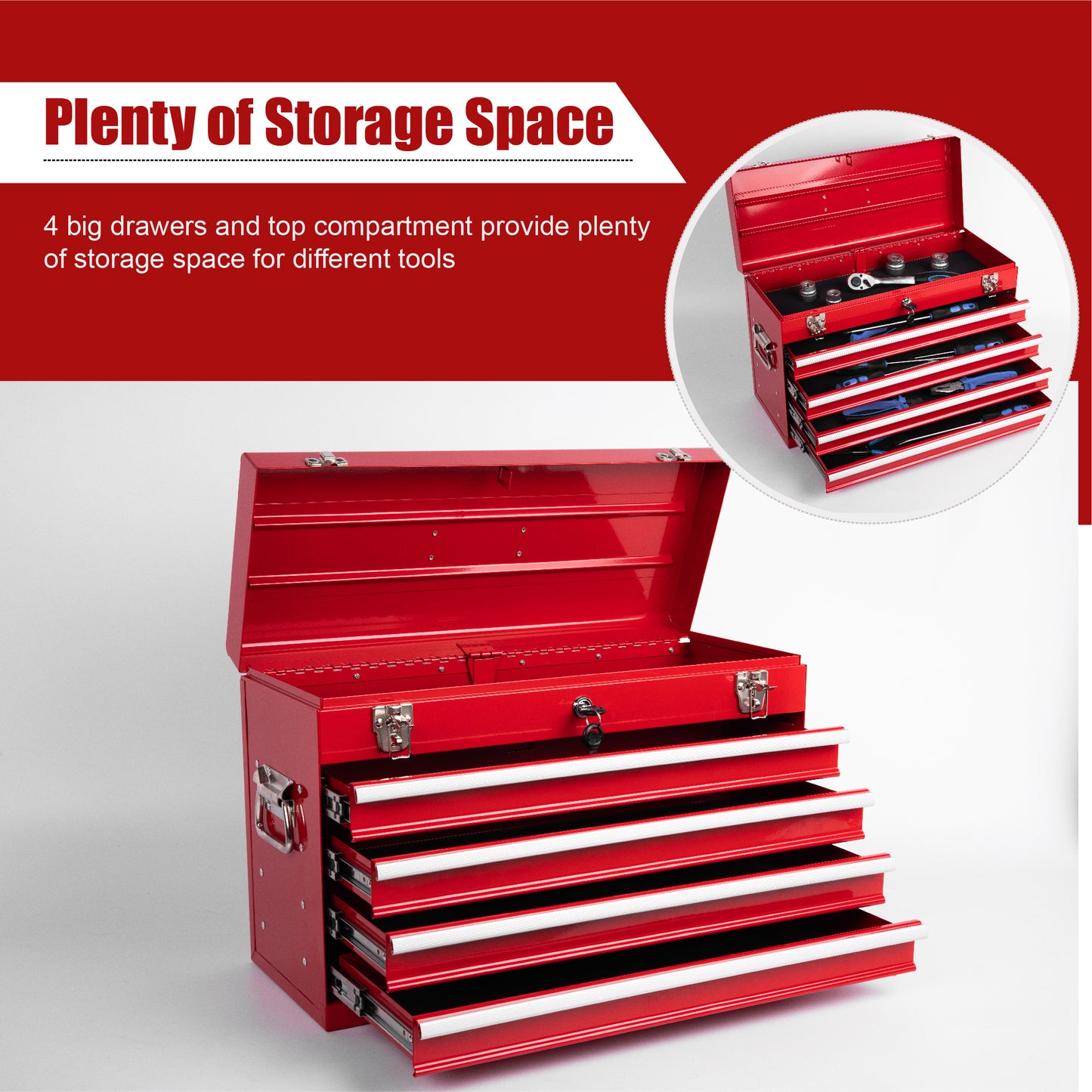 NIGSQJB 20" Portable Metal Tool Box with 5-Layers 4 Drawers,Red