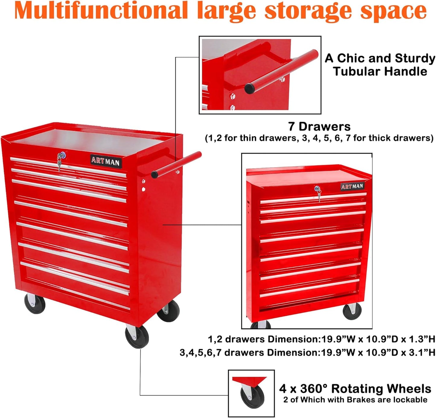 NIGSQJB 29.9"H Rolling Tool Box Cart with 7 Drawers