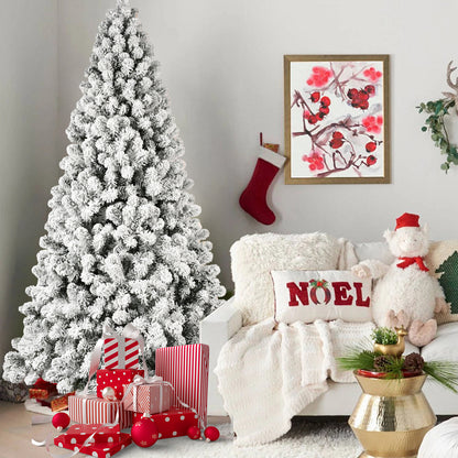 NIGSQJB 5-6-7-8-9ft Flocked Pre-Lit Christmas Tree with UL Warm White Lights & PVC Tips & Auto-Unfold Memory Wire
